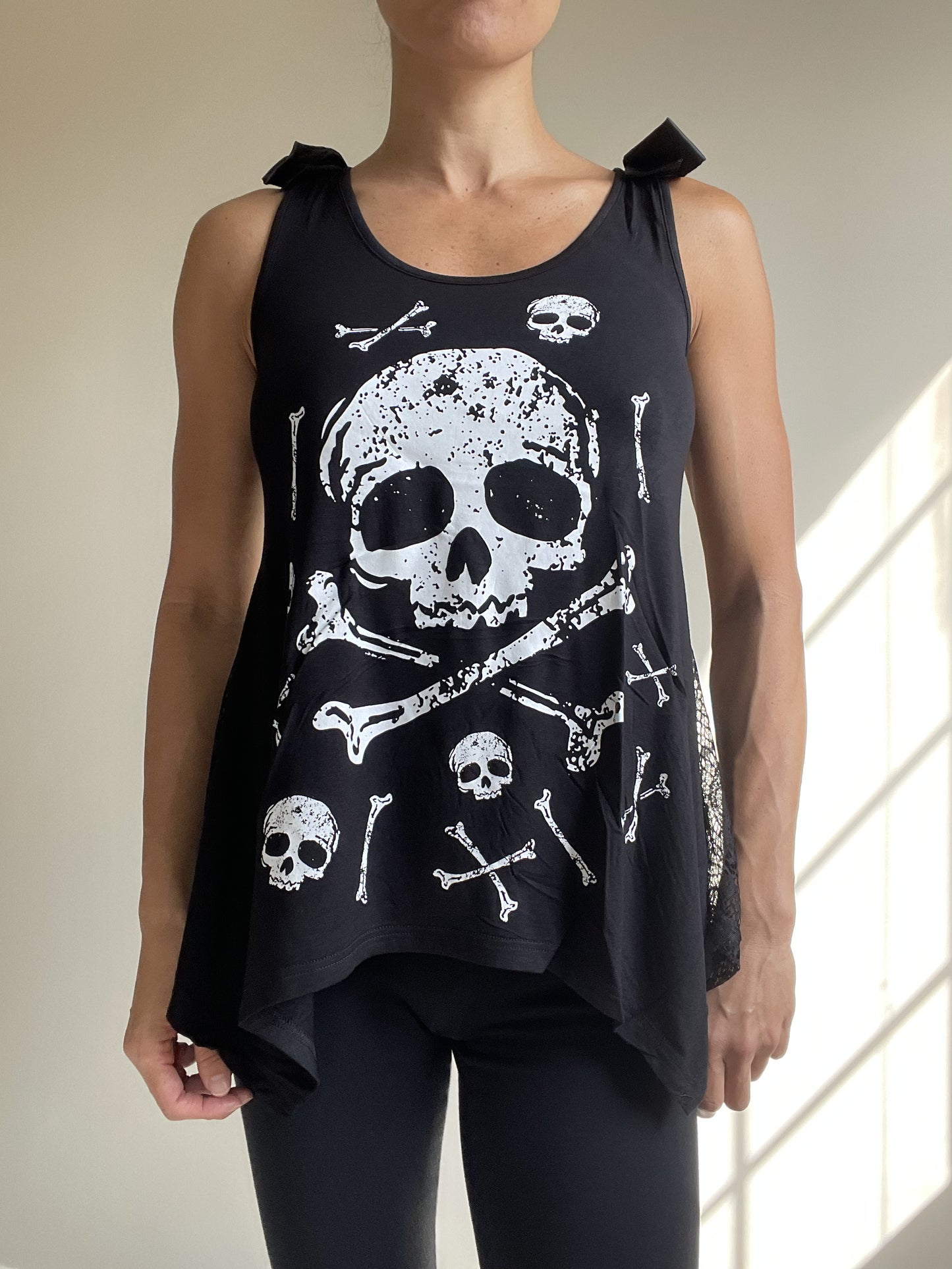 Jawbreaker Skull & CrossBones Black Skull Lace Flowy Tank with bows