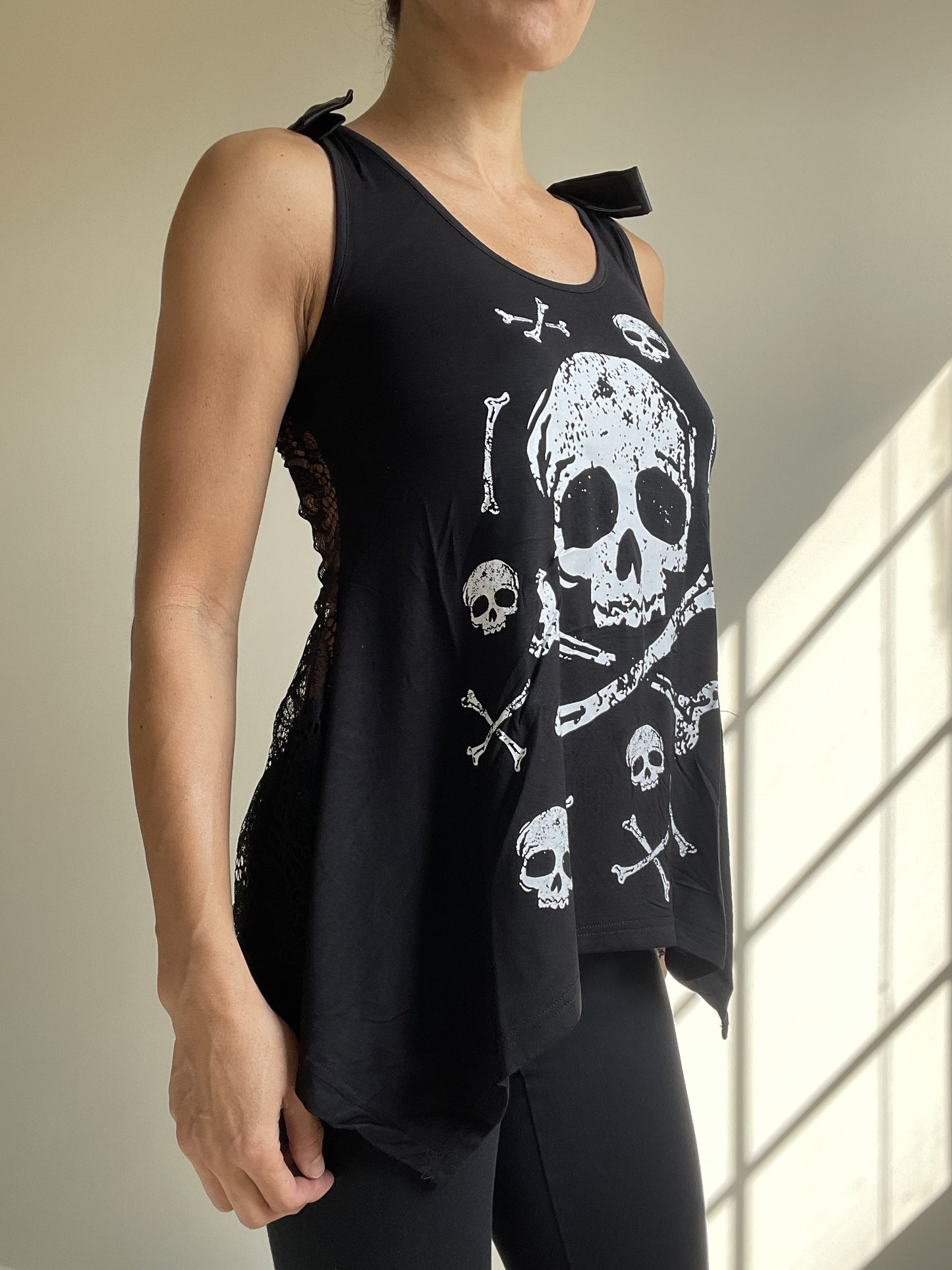 Jawbreaker Skull & CrossBones Black Skull Lace Flowy Tank with bows