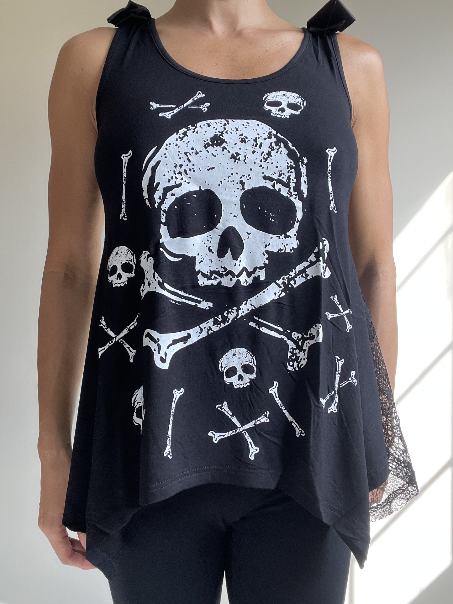 Jawbreaker Skull & CrossBones Black Skull Lace Flowy Tank with bows