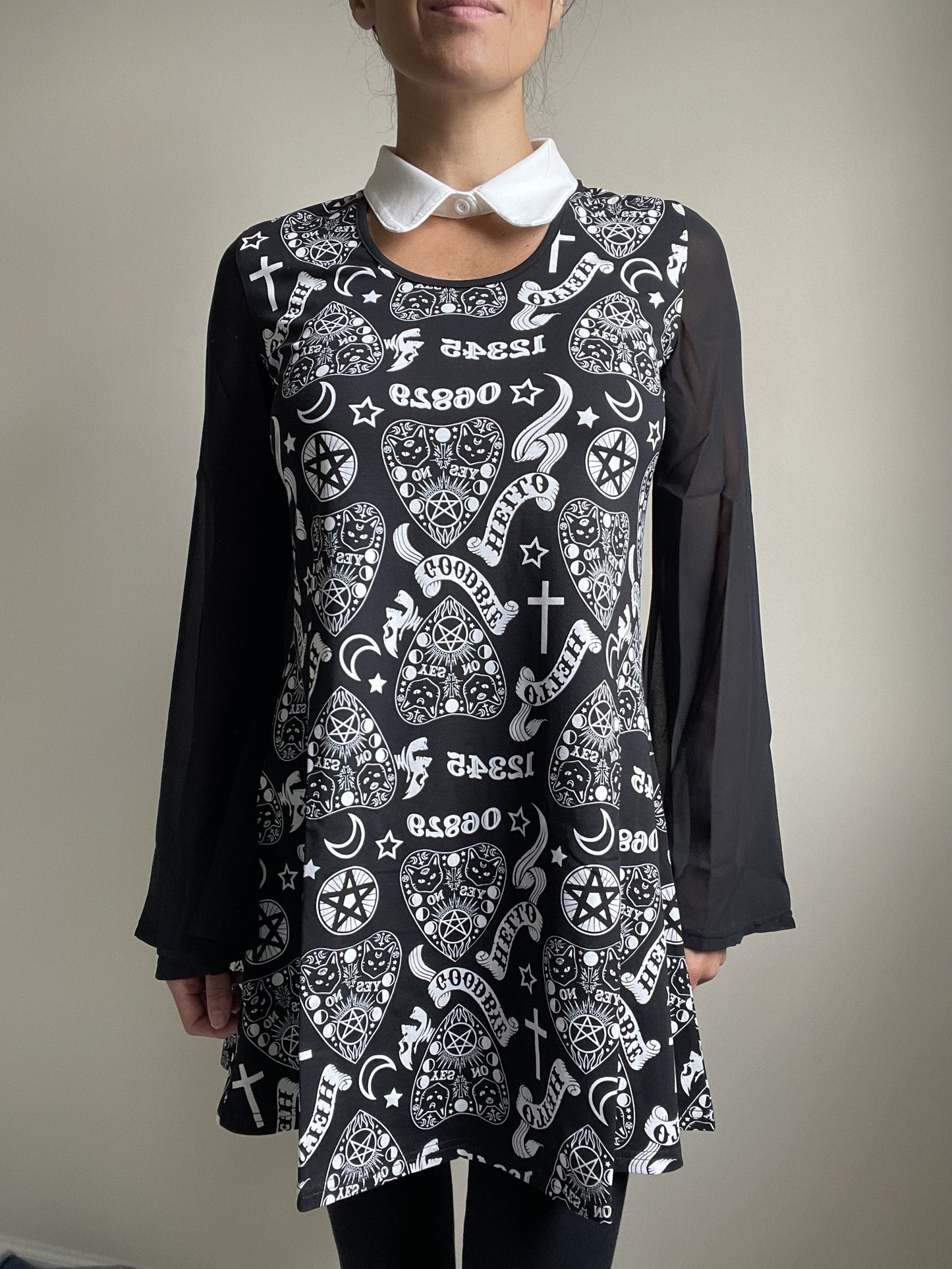 Witchy Moon Ouija Planchette Kitty Black Chiffon Sleeves with White Collar Mini Dress