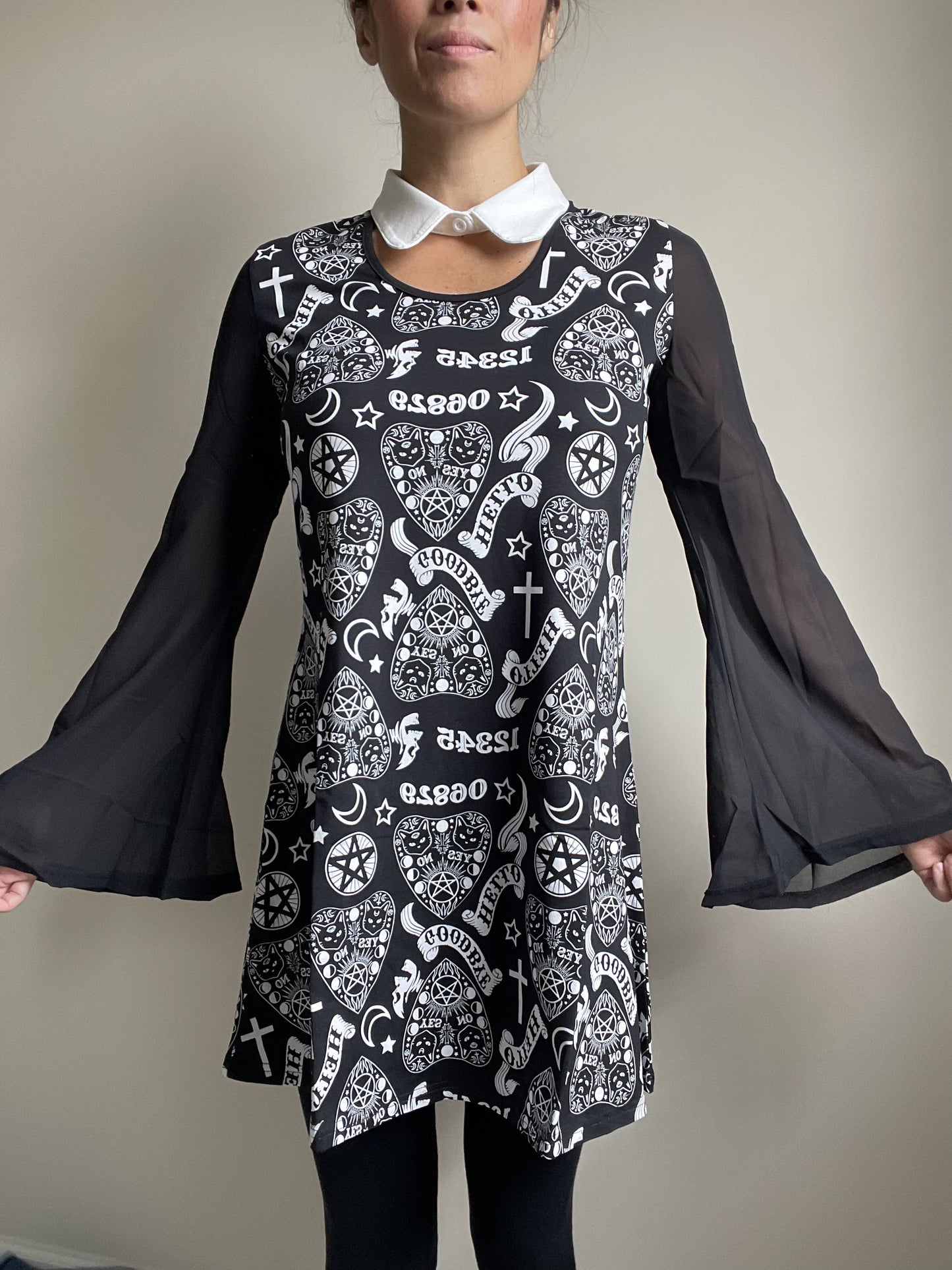 Witchy Moon Ouija Planchette Kitty Black Chiffon Sleeves with White Collar Mini Dress