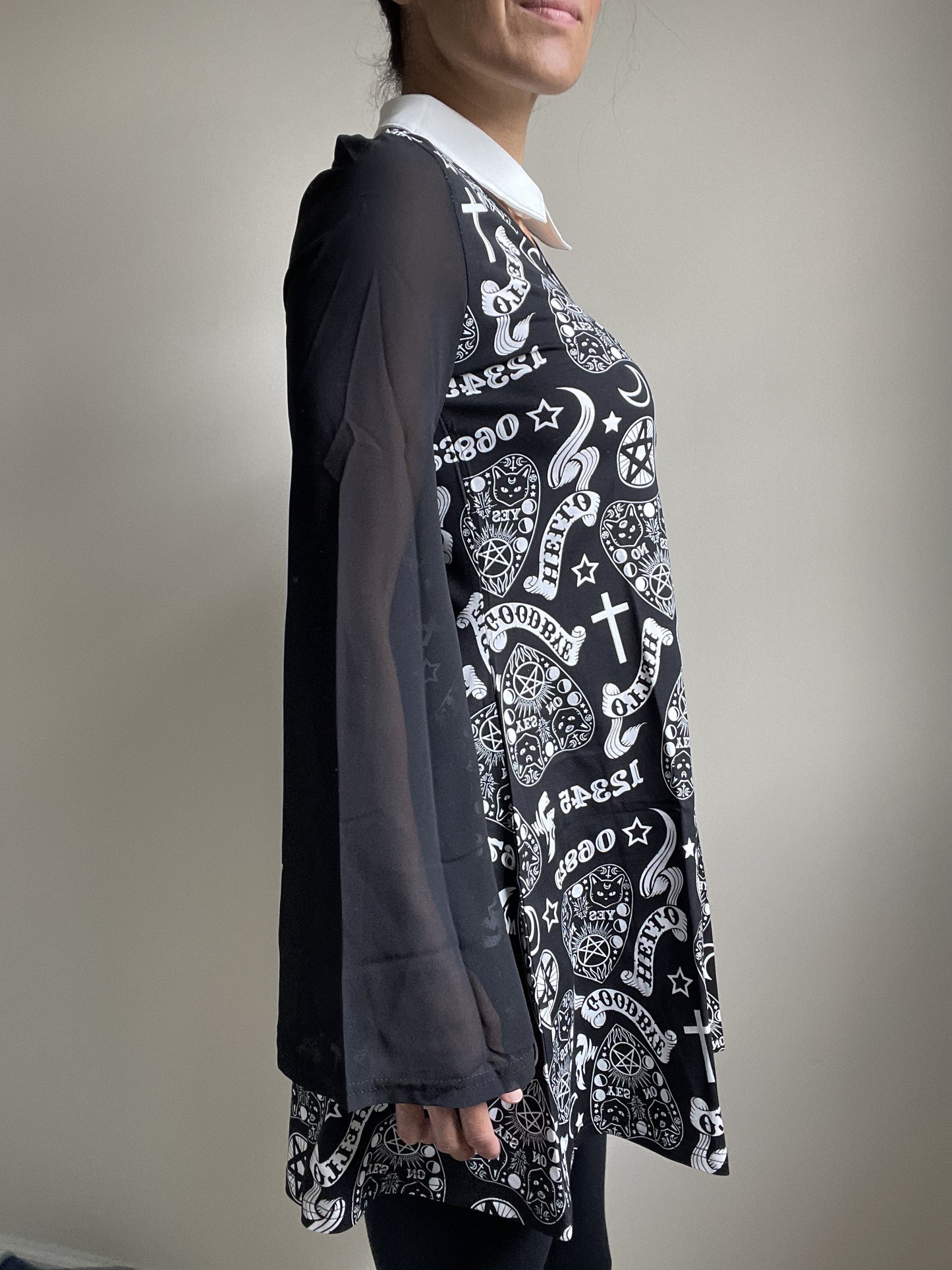 Witchy Moon Ouija Planchette Kitty Black Chiffon Sleeves with White Collar Mini Dress