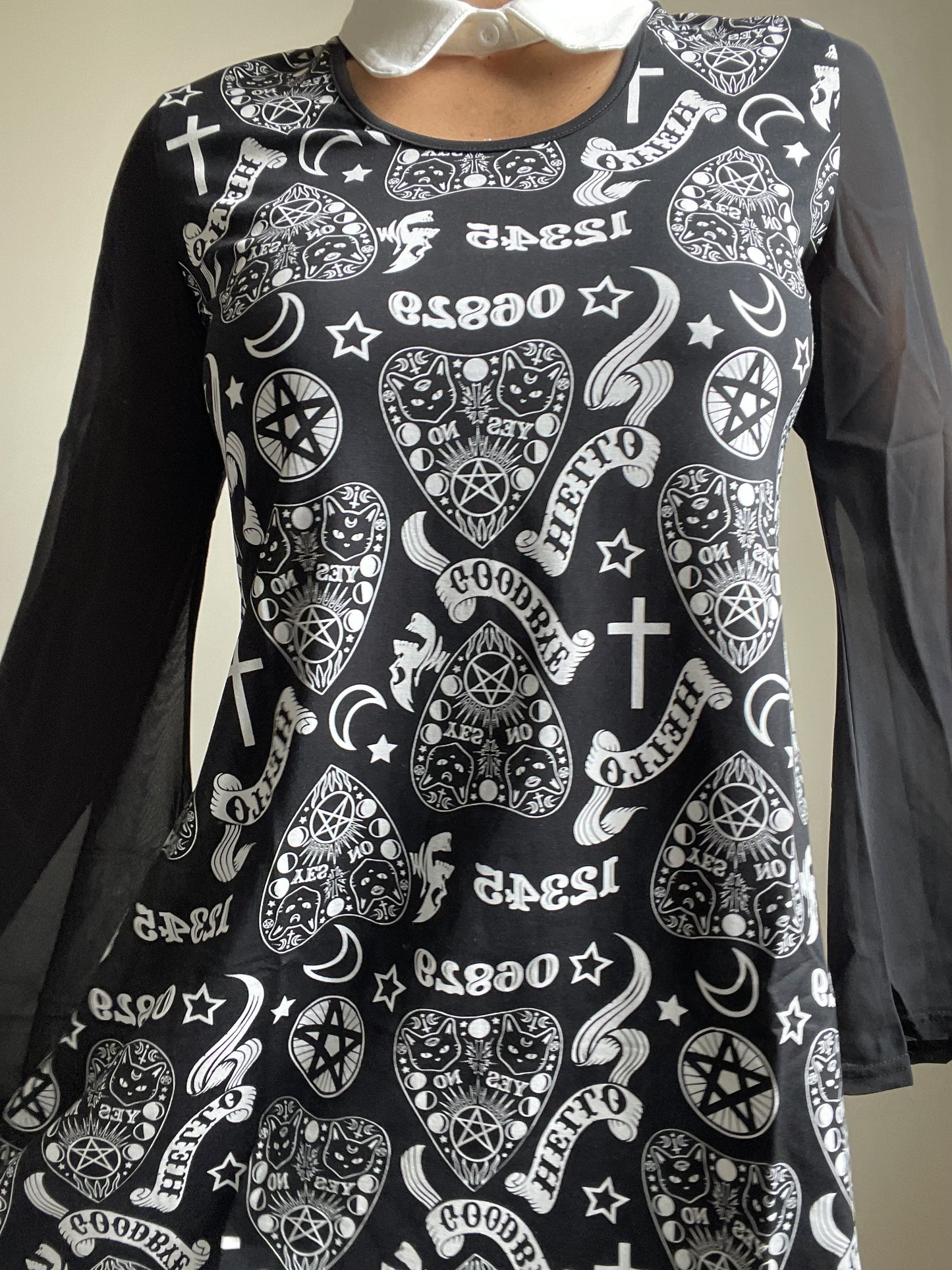 Witchy Moon Ouija Planchette Kitty Black Chiffon Sleeves with White Collar Mini Dress