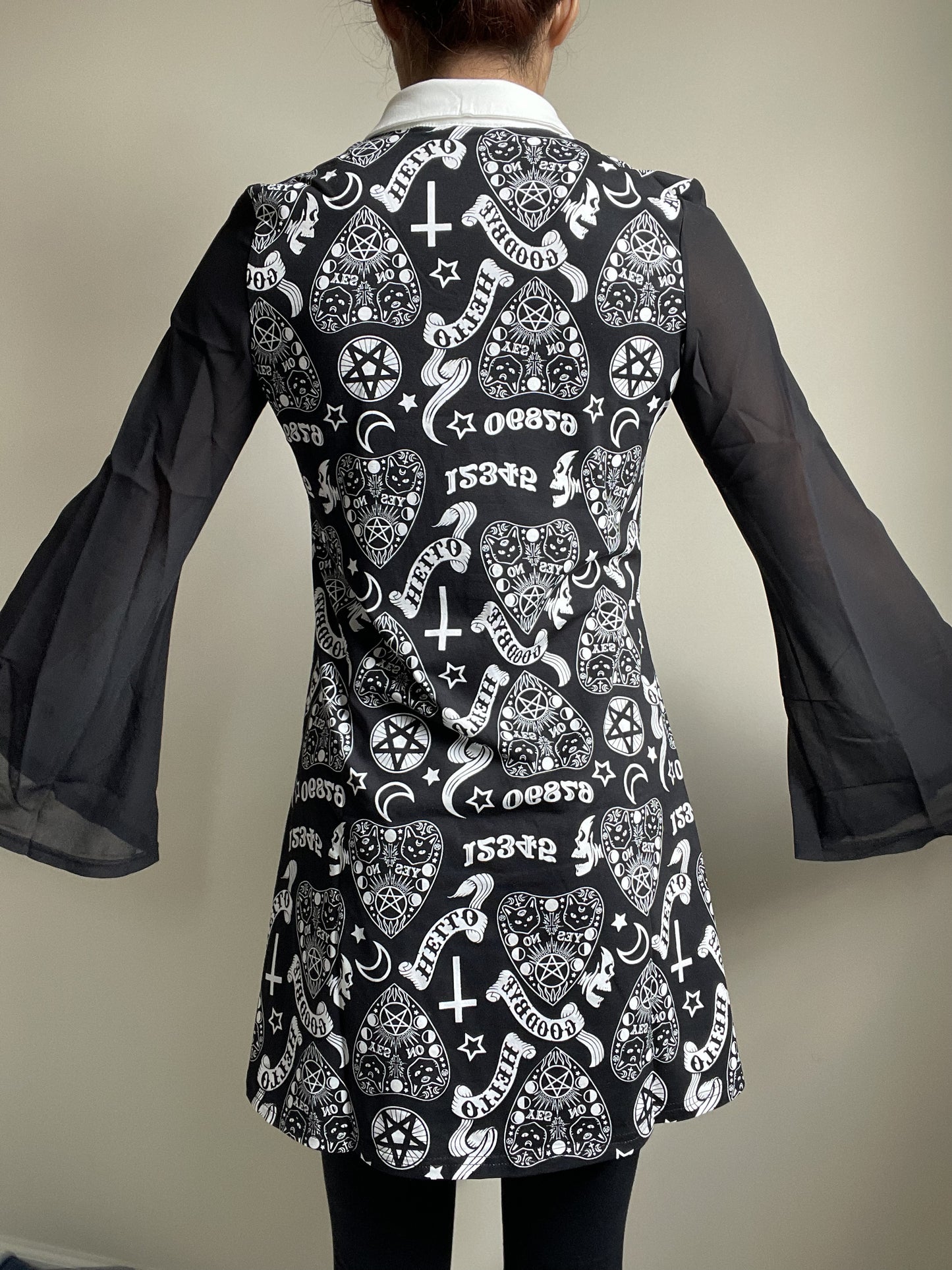Witchy Moon Ouija Planchette Kitty Black Chiffon Sleeves with White Collar Mini Dress