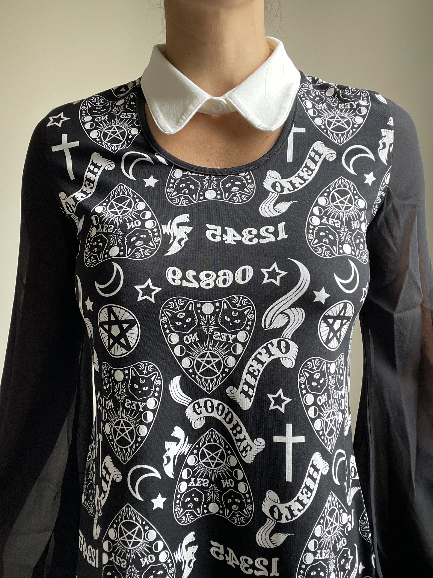 Witchy Moon Ouija Planchette Kitty Black Chiffon Sleeves with White Collar Mini Dress