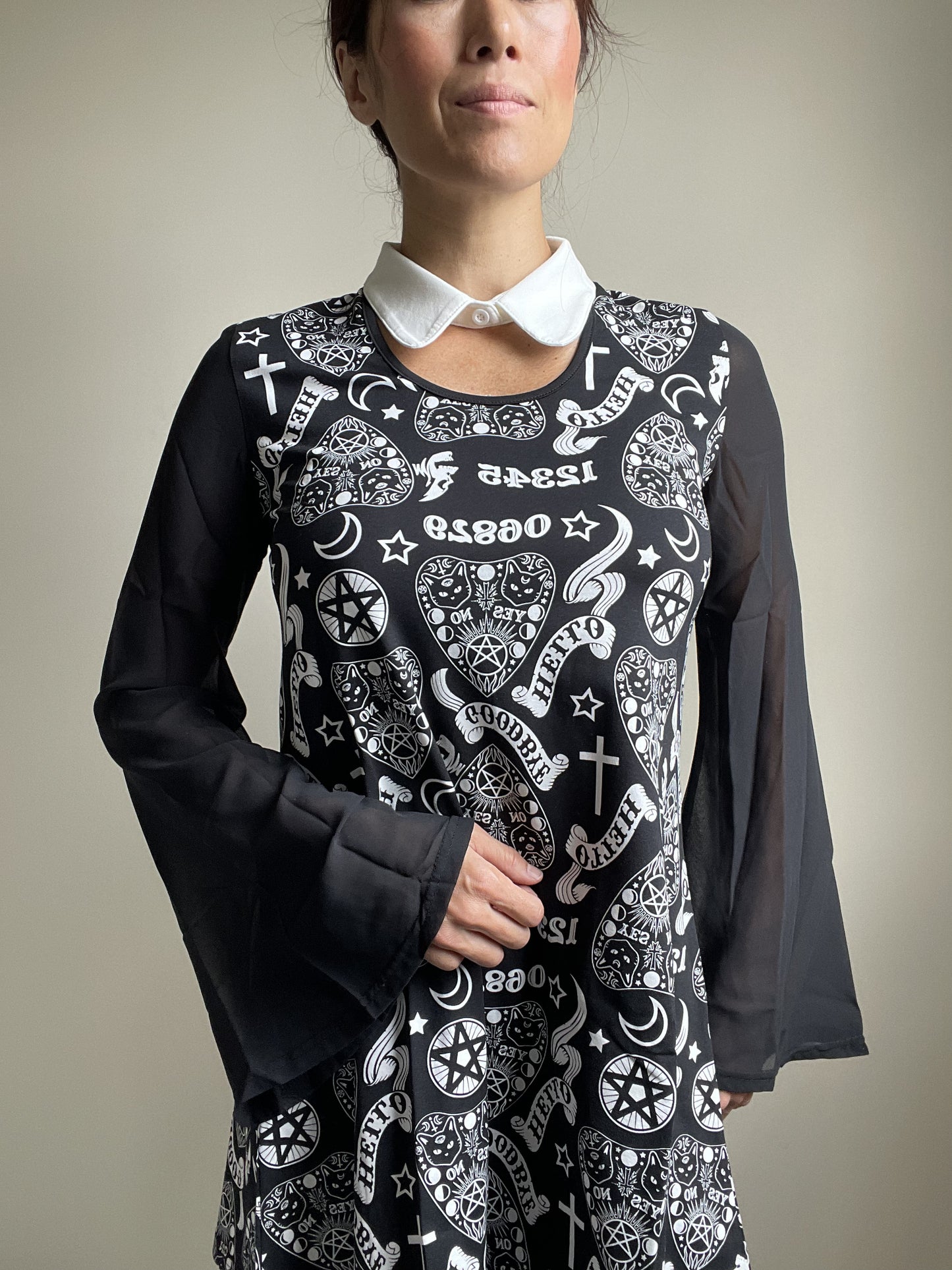 Witchy Moon Ouija Planchette Kitty Black Chiffon Sleeves with White Collar Mini Dress