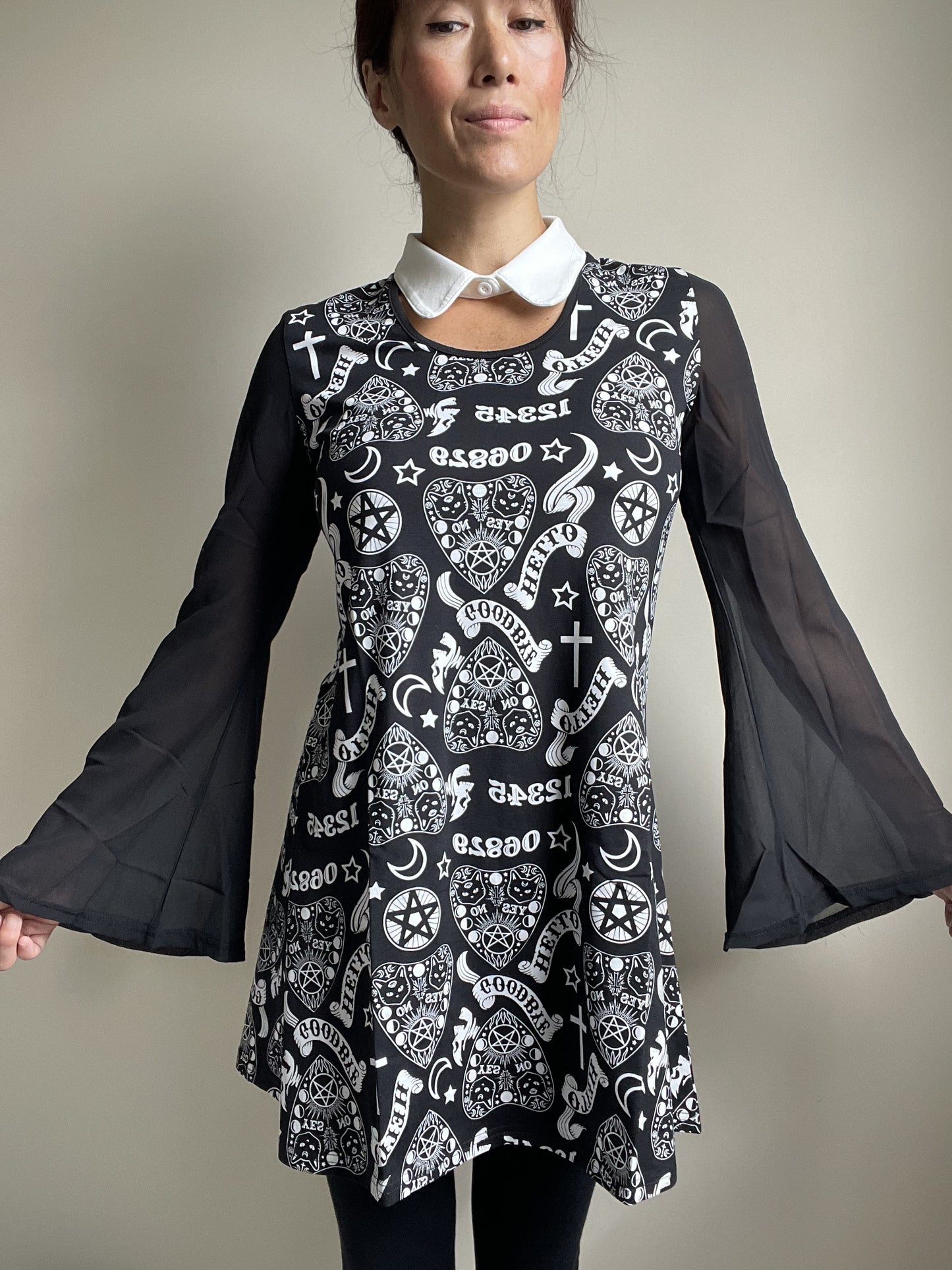 Witchy Moon Ouija Planchette Kitty Black Chiffon Sleeves with White Collar Mini Dress
