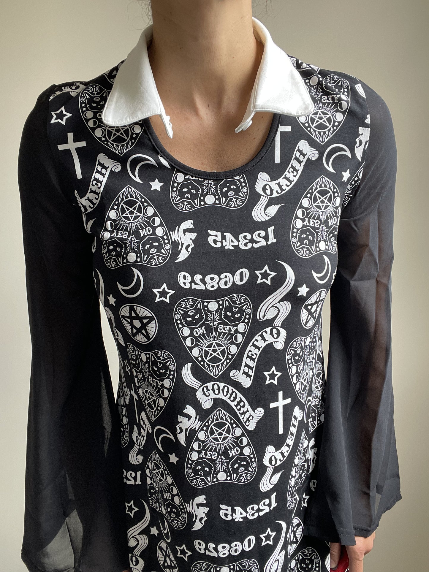 Witchy Moon Ouija Planchette Kitty Black Chiffon Sleeves with White Collar Mini Dress