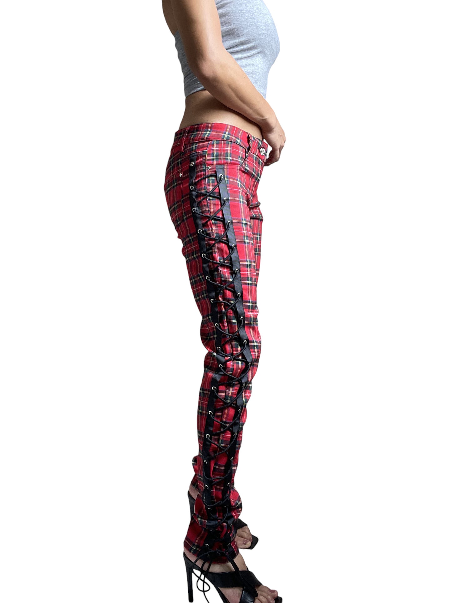 Banned Apparel Women’s Red Tartan Plaid Side Lace-up Skinny Jeans – Corset Style Alternative Fashion Pants