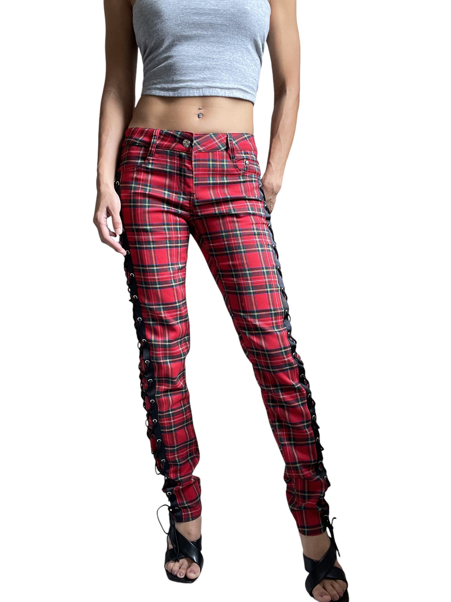 Banned Apparel Women’s Red Tartan Plaid Side Lace-up Skinny Jeans – Corset Style Alternative Fashion Pants