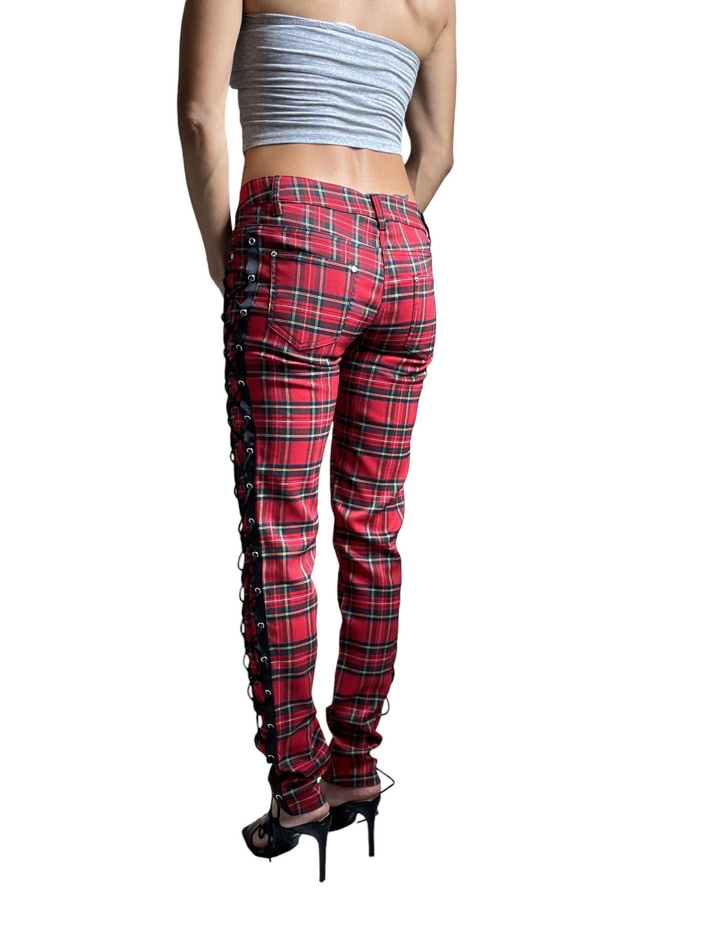 Banned Apparel Women’s Red Tartan Plaid Side Lace-up Skinny Jeans – Corset Style Alternative Fashion Pants