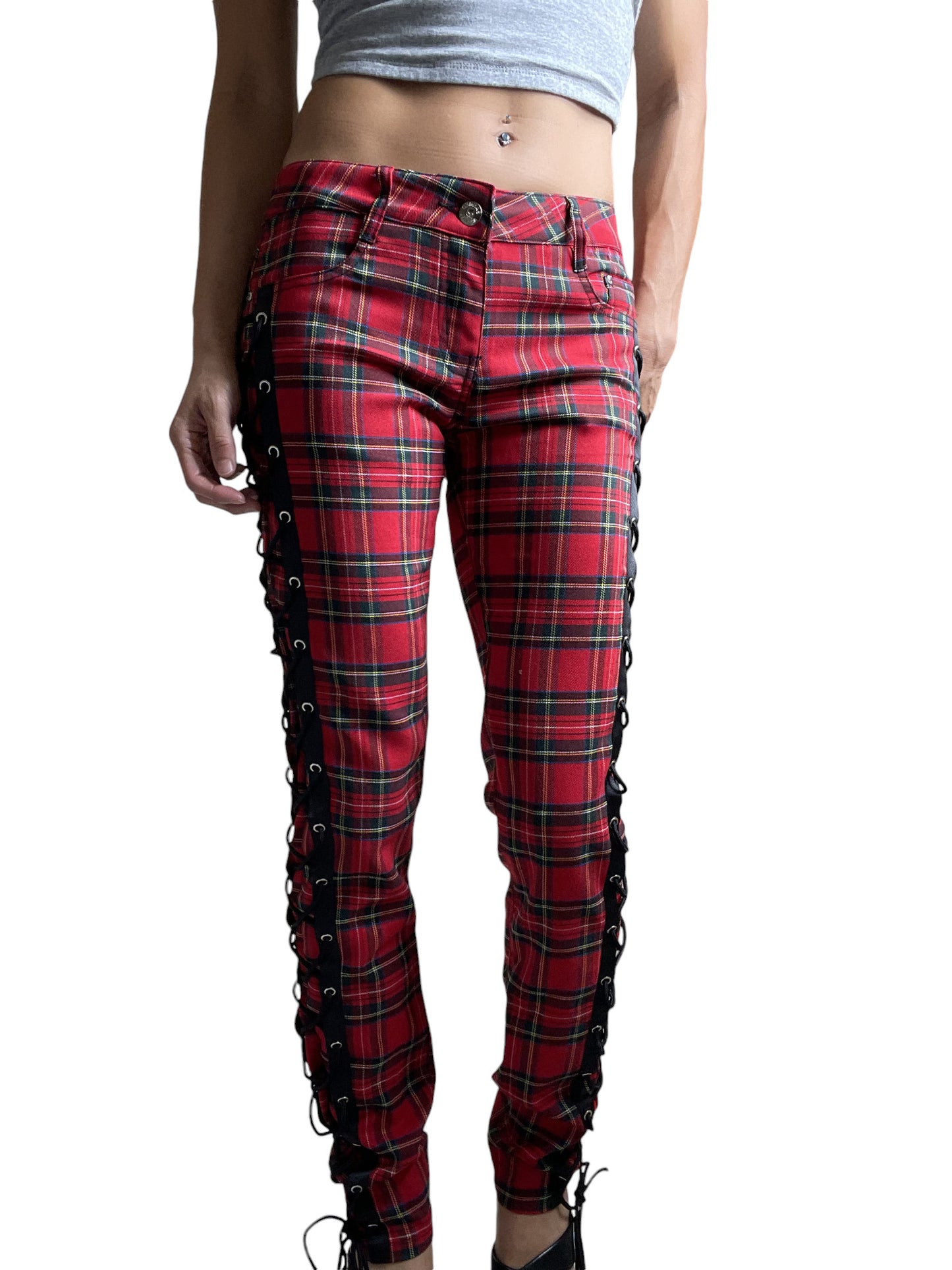 Banned Apparel Women’s Red Tartan Plaid Side Lace-up Skinny Jeans – Corset Style Alternative Fashion Pants