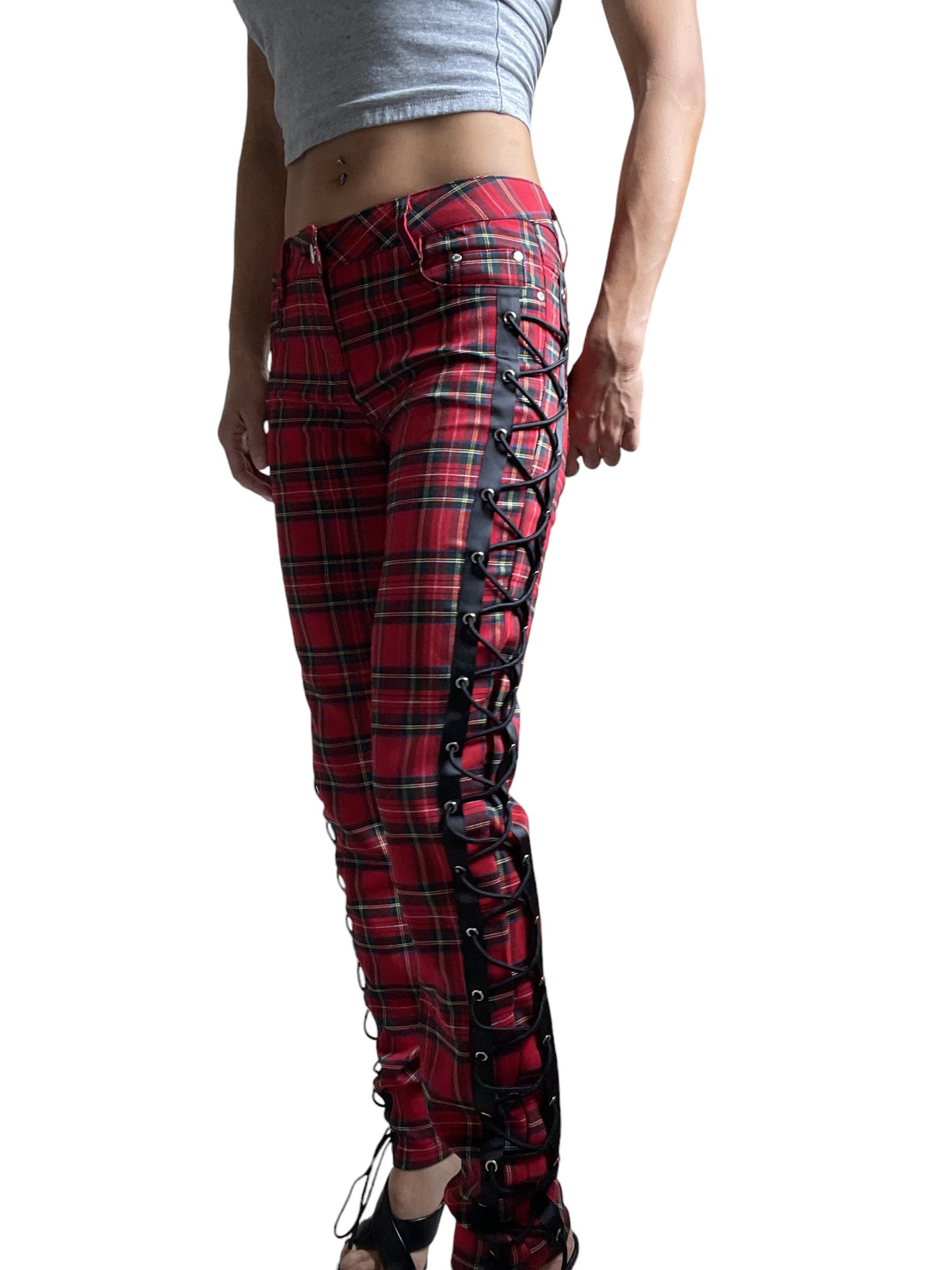 Banned Apparel Women’s Red Tartan Plaid Side Lace-up Skinny Jeans – Corset Style Alternative Fashion Pants