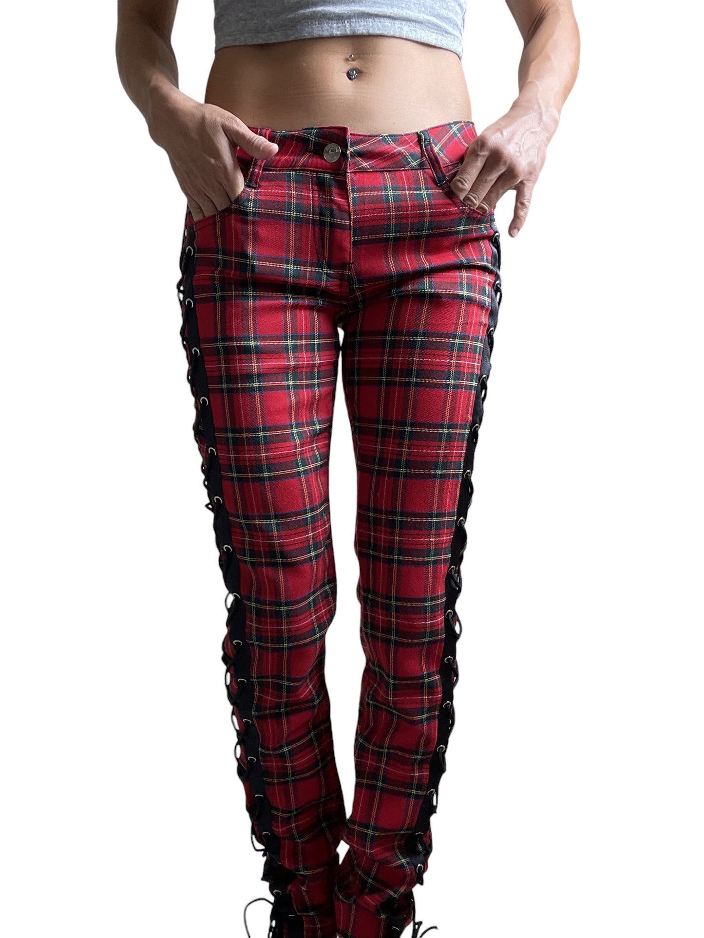 Banned Apparel Women’s Red Tartan Plaid Side Lace-up Skinny Jeans – Corset Style Alternative Fashion Pants