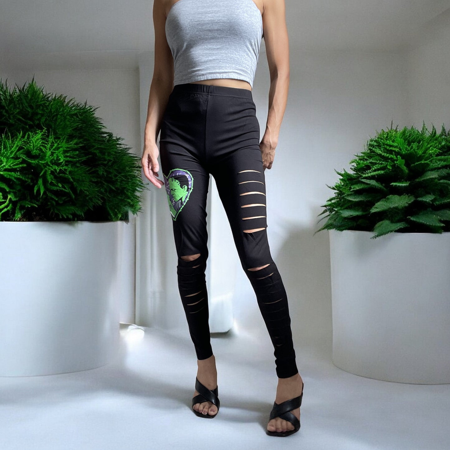 Lost Queen Made For Each Other Frankenstein and His Bride Cut Out Slashed Black Leggings