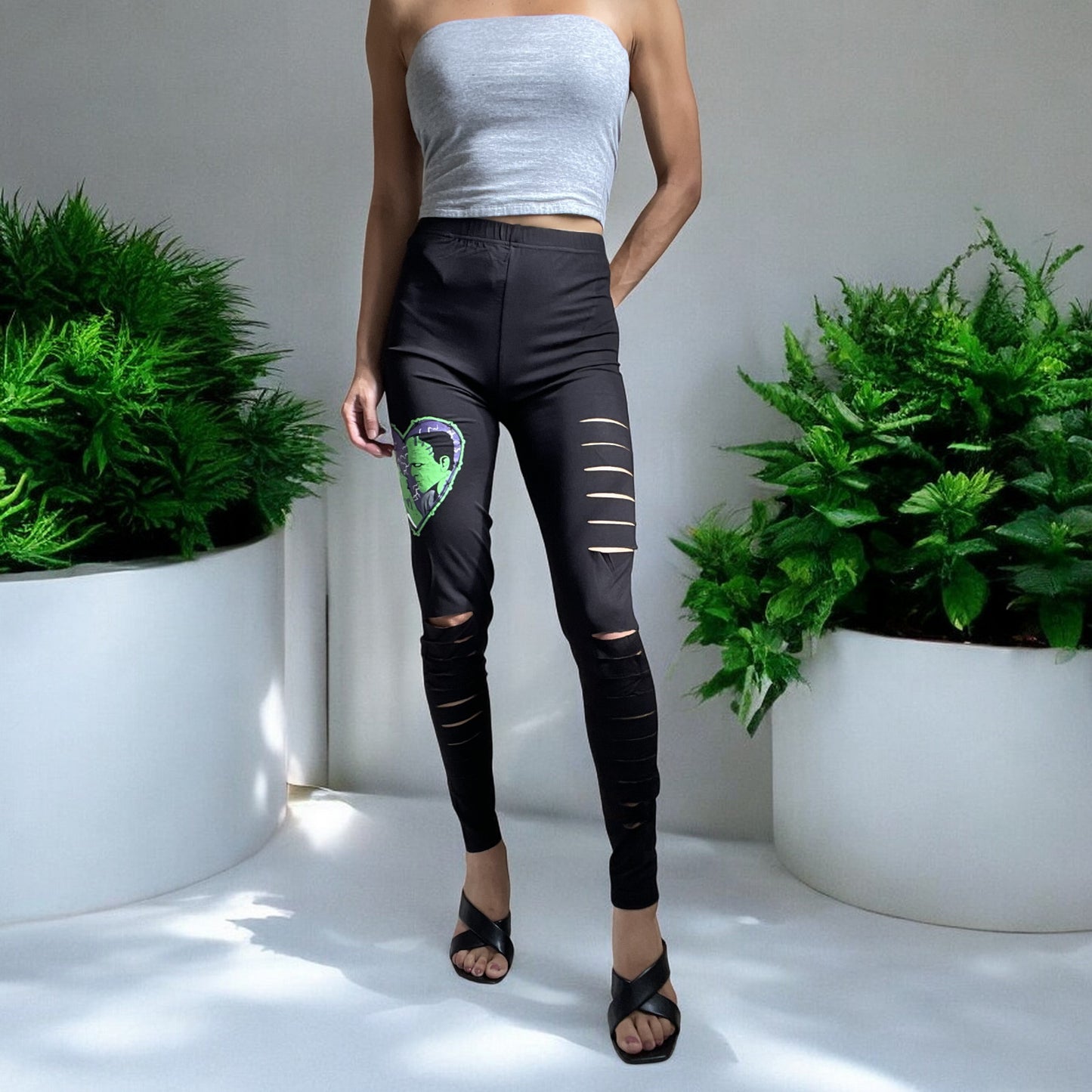 Lost Queen Made For Each Other Frankenstein and His Bride Cut Out Slashed Black Leggings