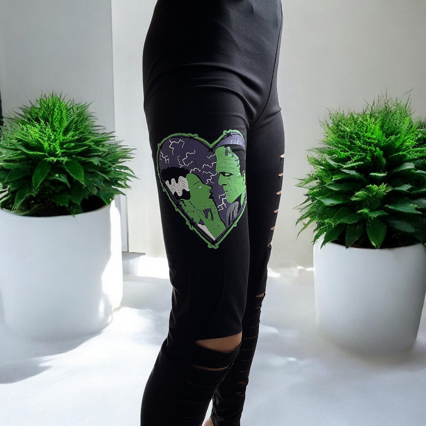 Lost Queen Made For Each Other Frankenstein and His Bride Cut Out Slashed Black Leggings