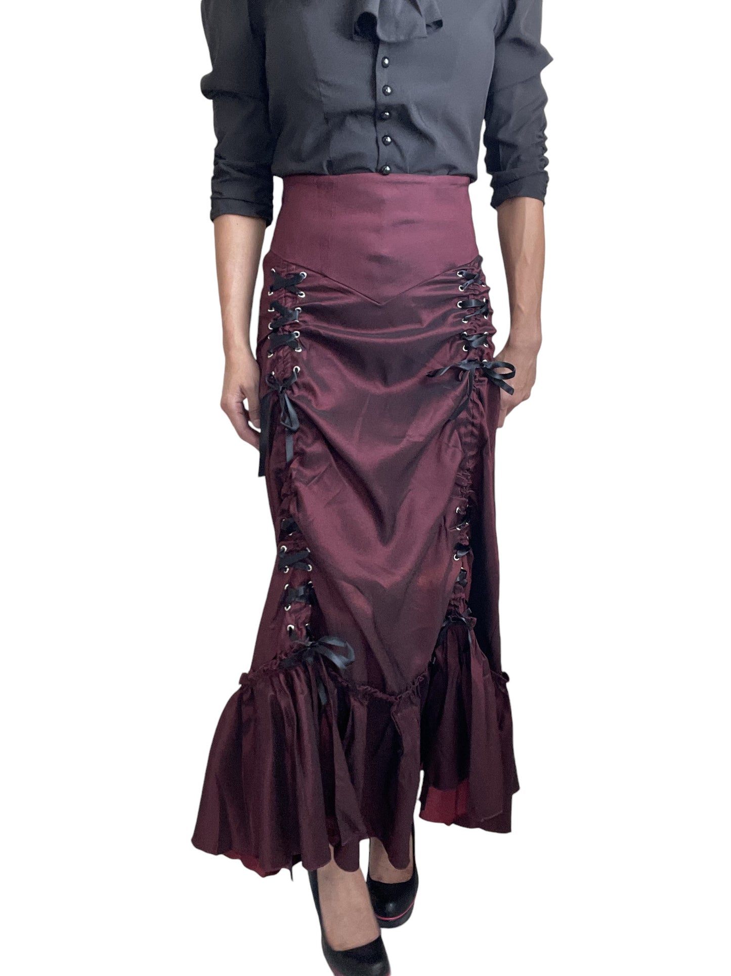 Gothic Victorian Steampunk Burgundy Long Maxi 3-way Corset Gown Skirt - Renaissance Skirt BURGUNDY