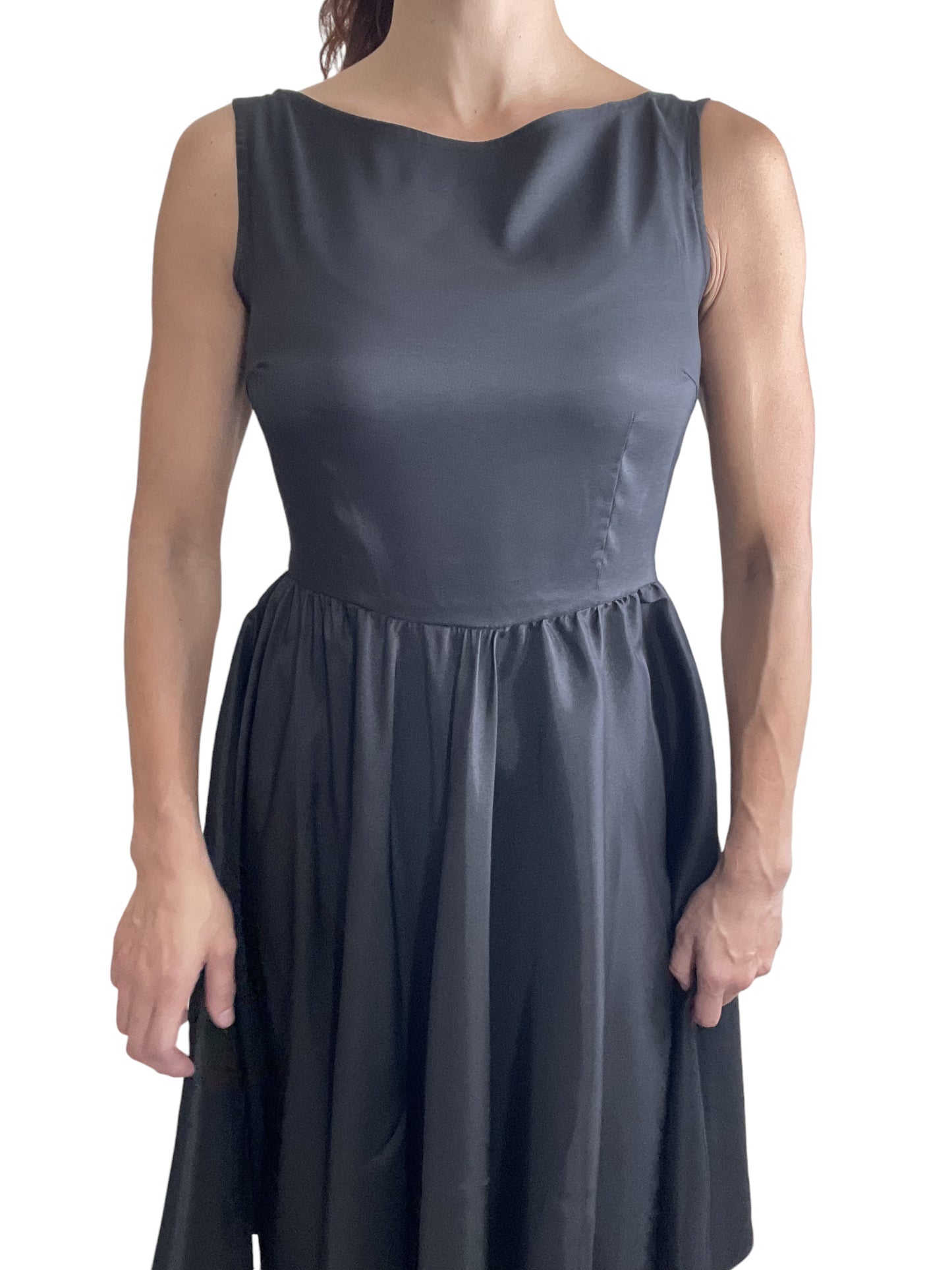 Retro Vintage Inspired Audrey Hepburn Style Black Satin Flare Swing Party Dress - Skelapparel