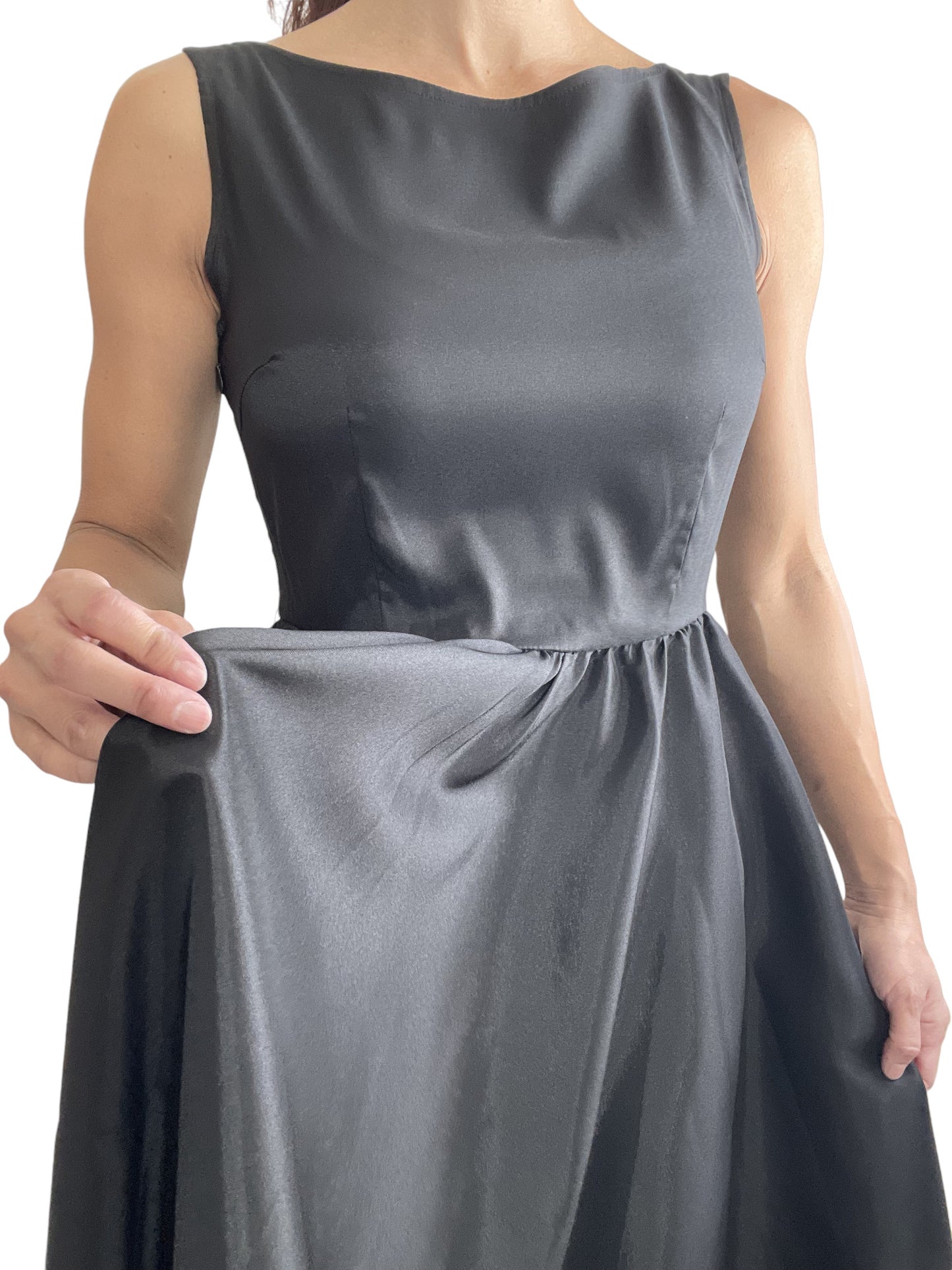 Retro Vintage Inspired Audrey Hepburn Style Black Satin Flare Swing Party Dress - Skelapparel