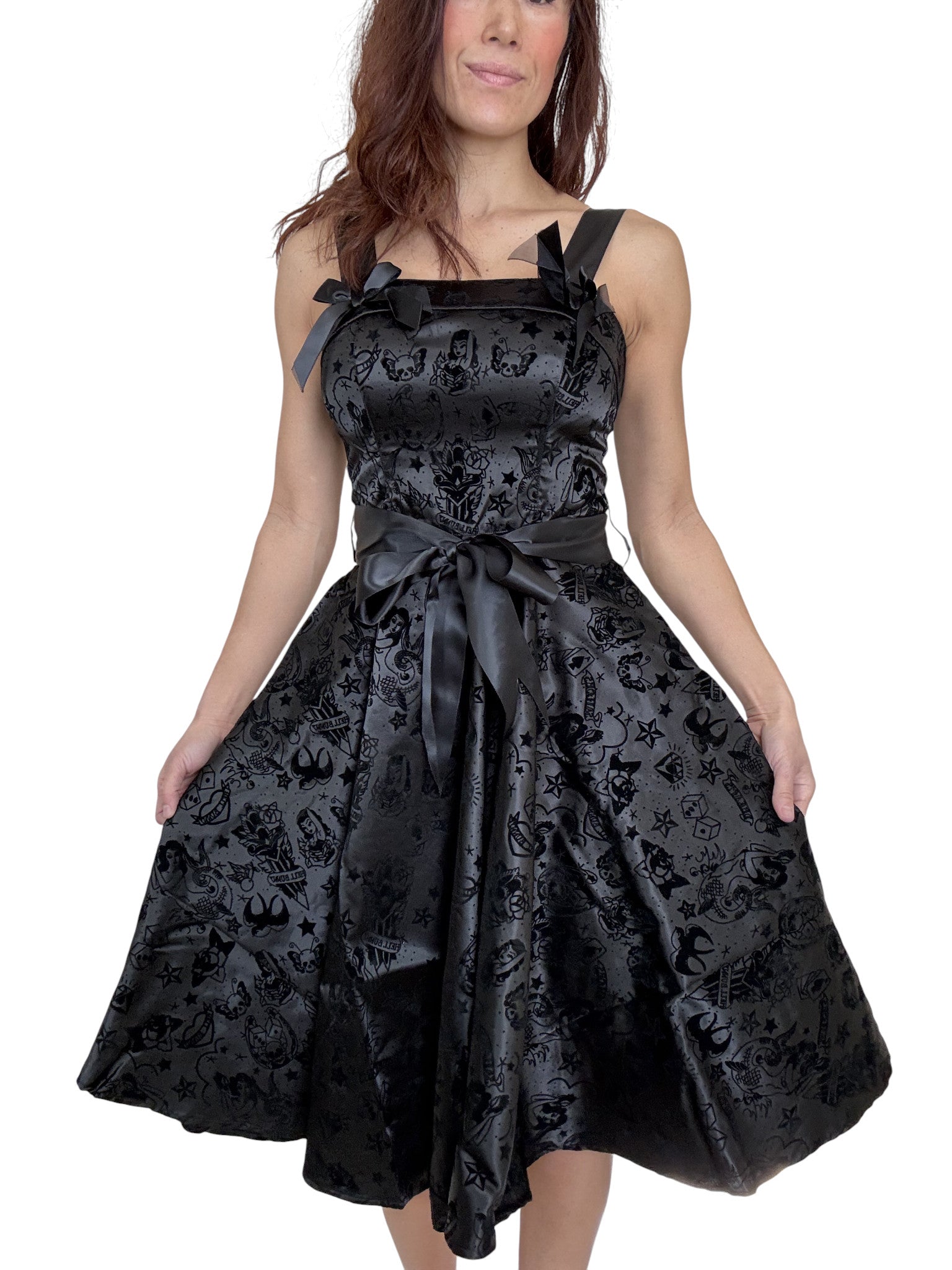 Hell Bunny 50s Black Satin Velvet Tattoo Art Flocked Cocktail Party Dr Skelapparel Hell Bunny 50s Black Satin Velvet Tattoo Art Flocked Cocktail Party Dr Skelapparel