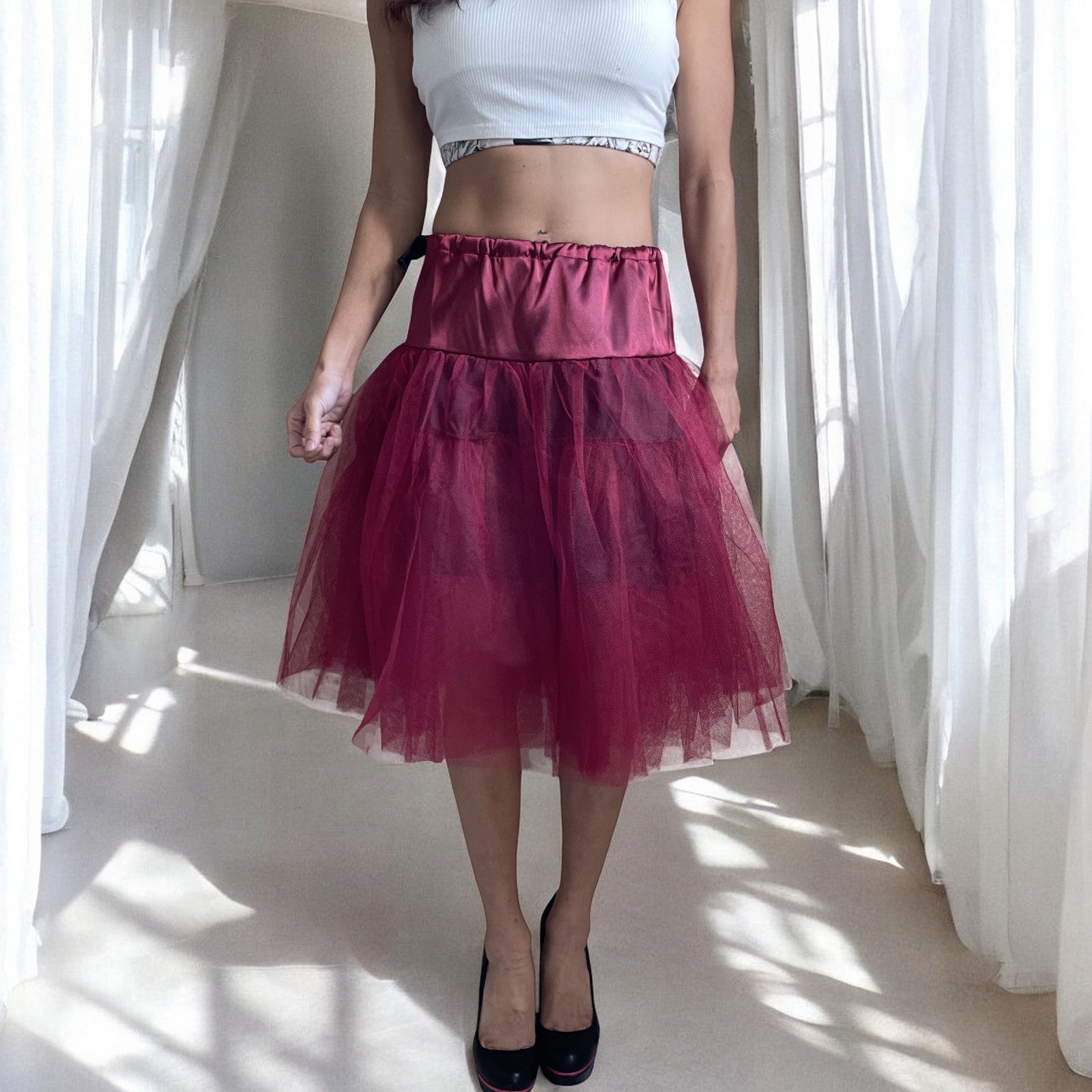 Women's Wine Red Petticoat Three Layers Underskirt Pannier - Skelapparel