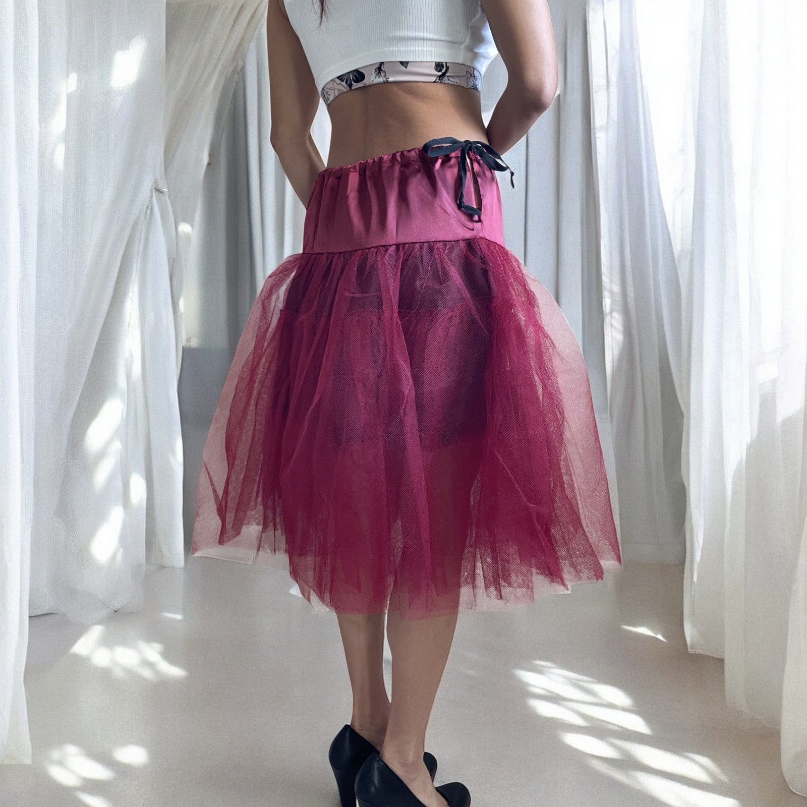 Women's Wine Red Petticoat Three Layers Underskirt Pannier - Skelapparel