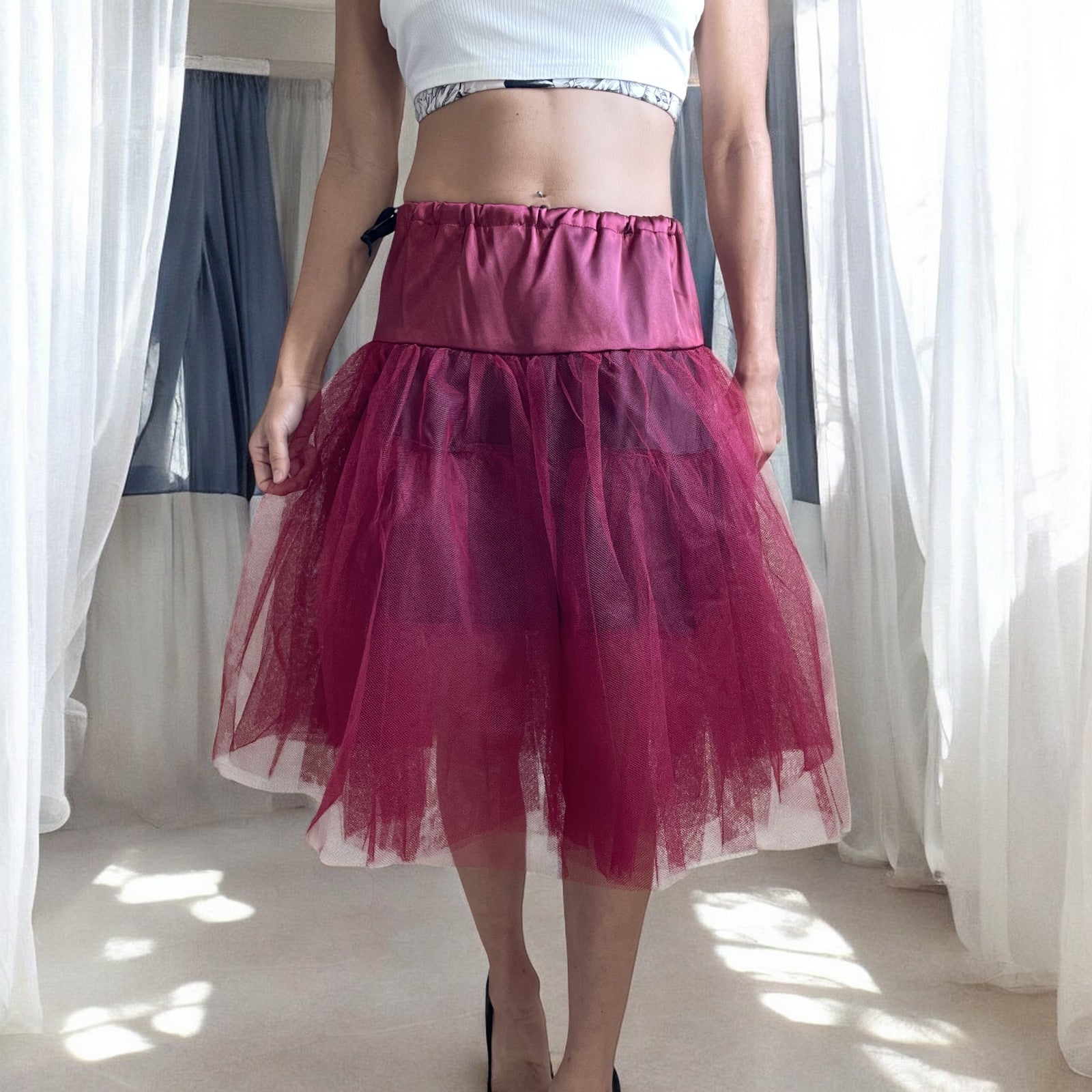 Women's Wine Red Petticoat Three Layers Underskirt Pannier - Skelapparel