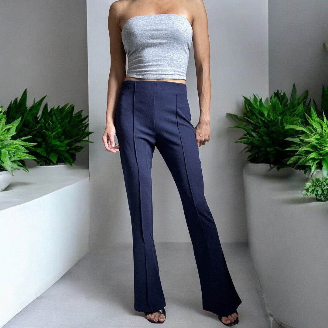 Women's Navy Blue Dressy Work Office Stretchy Slim high waisted flared pants