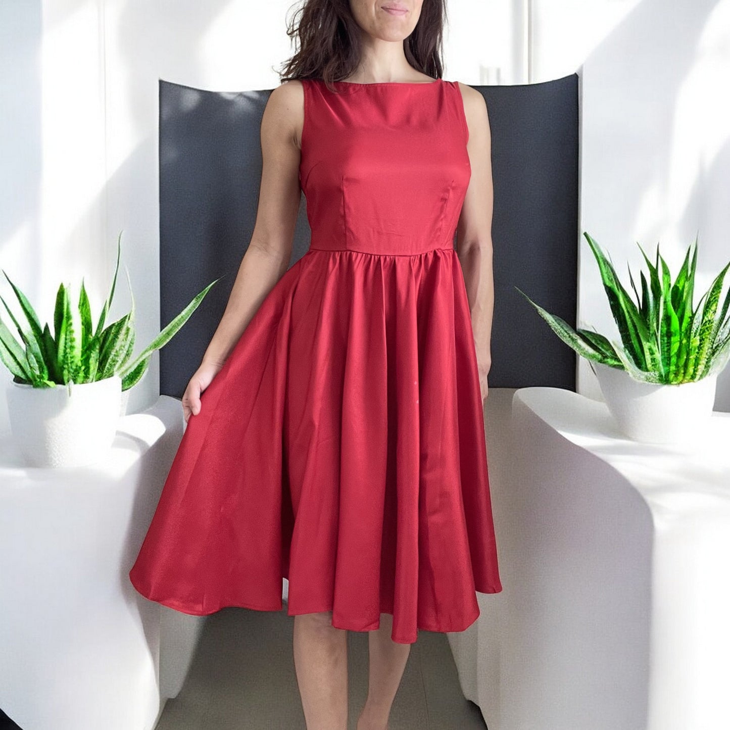 Vintage Red Satin Fit and Flare Dress with Bateau Neckline – High Waist, Cocktail, Bridesmaid, Plus Size - Skelapparel