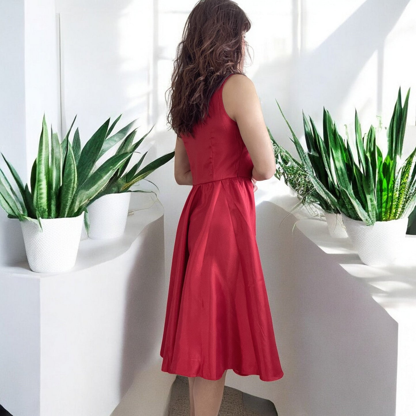 Vintage Red Satin Fit and Flare Dress with Bateau Neckline – High Waist, Cocktail, Bridesmaid, Plus Size - Skelapparel