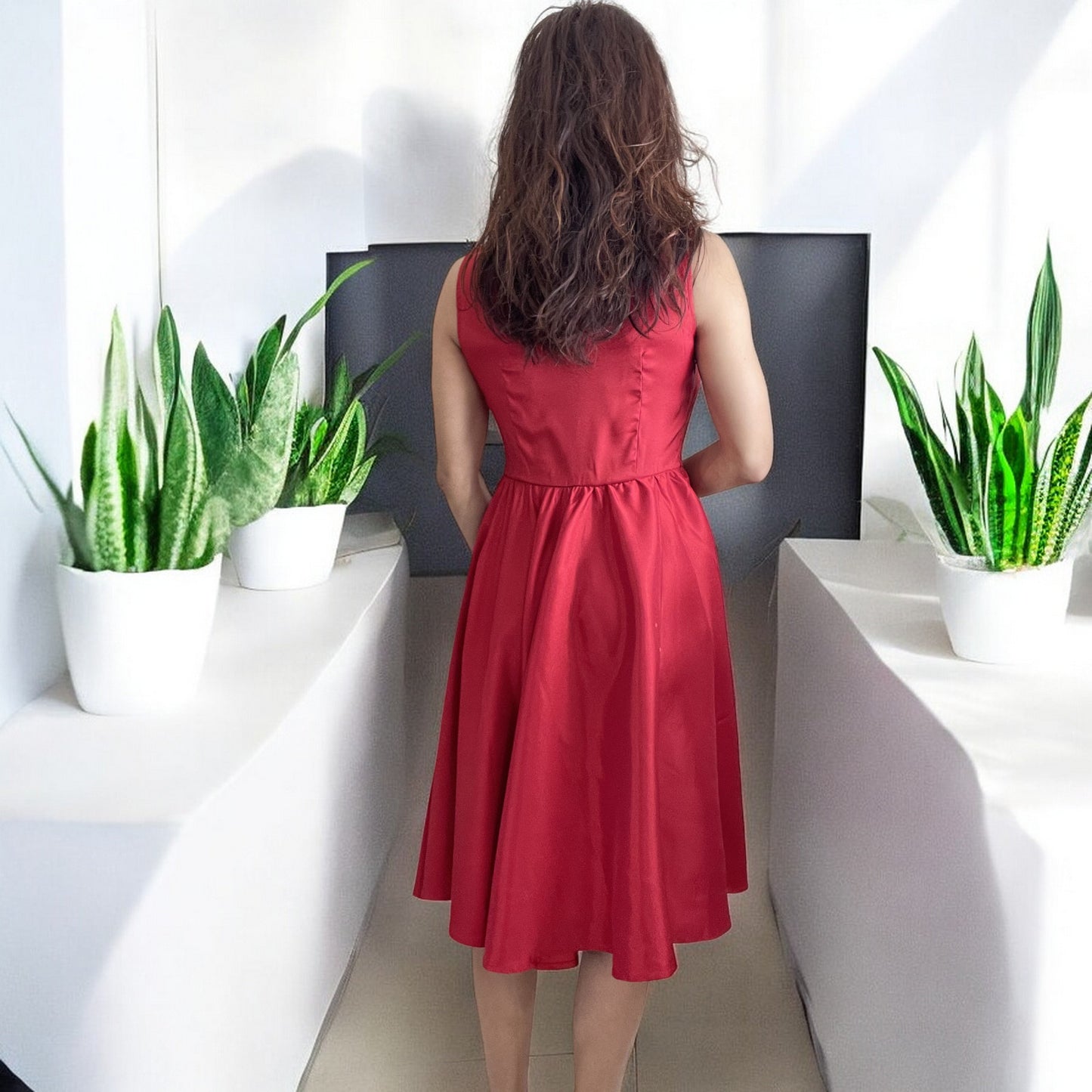 Vintage Red Satin Fit and Flare Dress with Bateau Neckline – High Waist, Cocktail, Bridesmaid, Plus Size - Skelapparel