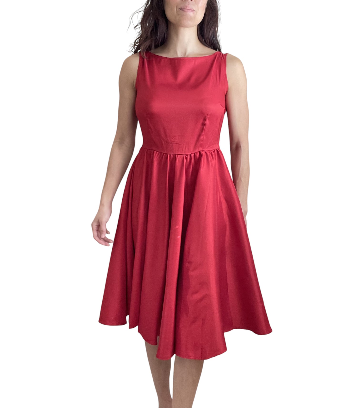 Vintage Red Satin Fit and Flare Dress with Bateau Neckline – High Waist, Cocktail, Bridesmaid, Plus Size - Skelapparel