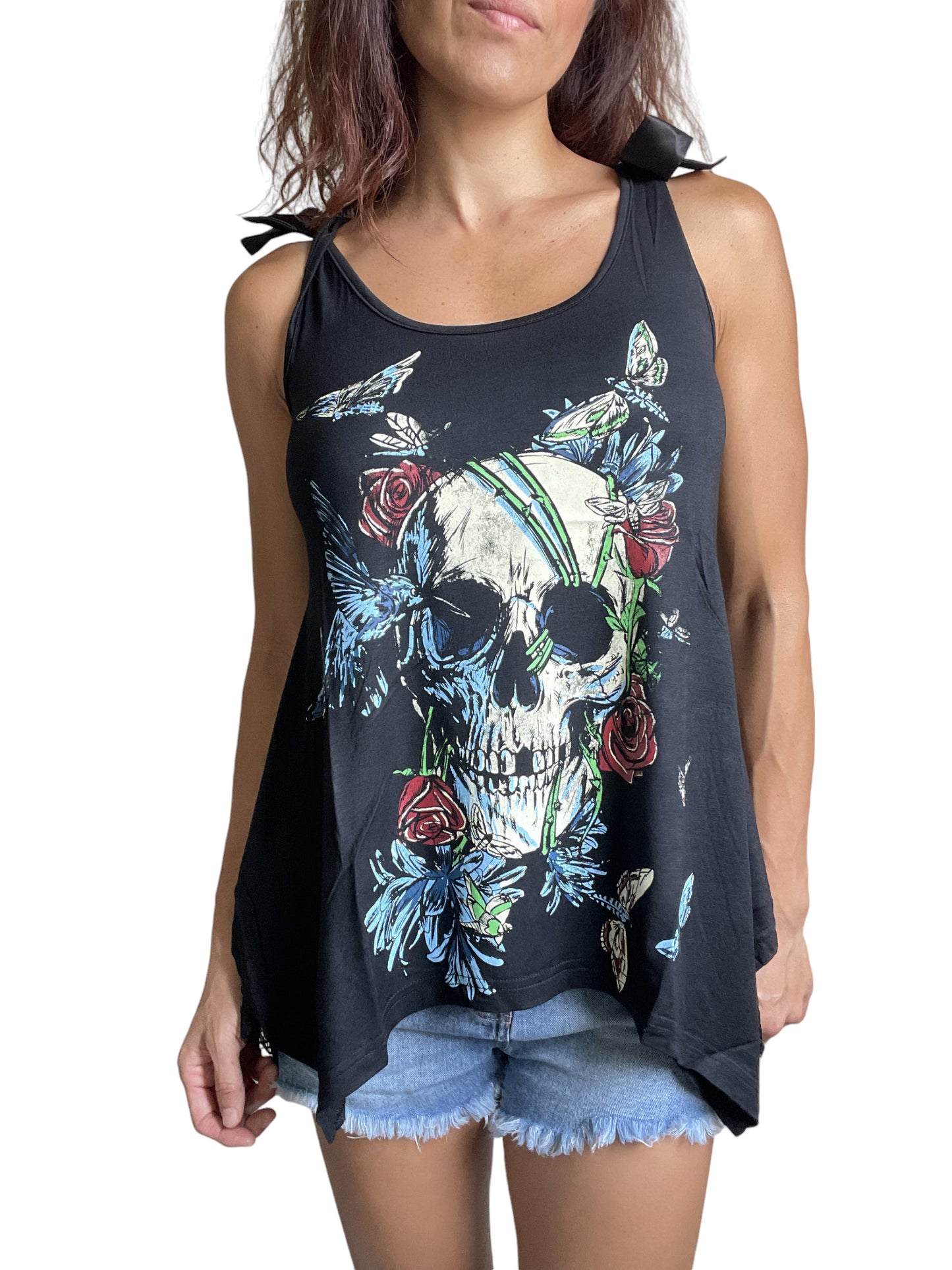 Skull Flower and Moth Black Skull Lace Flowy Tank Top - Skelapparel