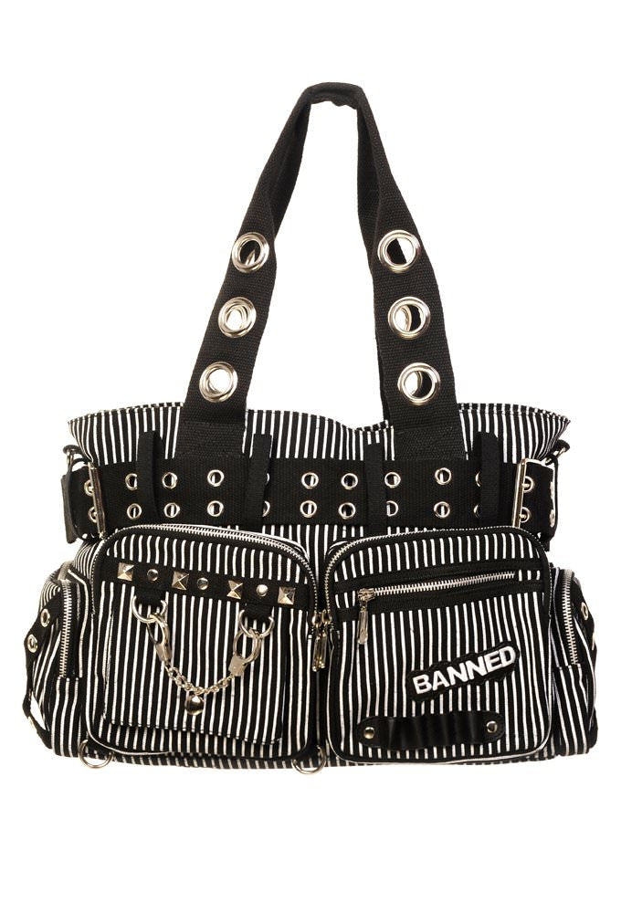 Lost Queen Striped Canvas Tote Bag with Handcuff Skull Charm - Skelapparel