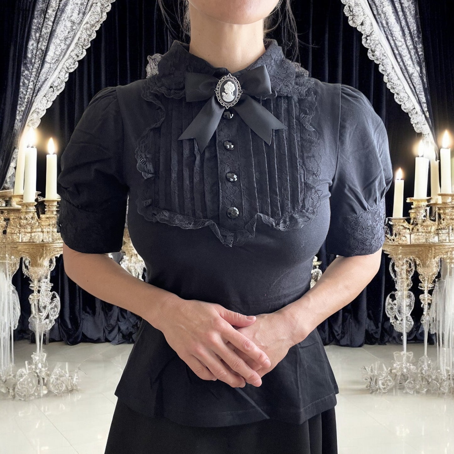 Gothic Victorian Steampunk Black Lace Insert Top with Cameo Brooch