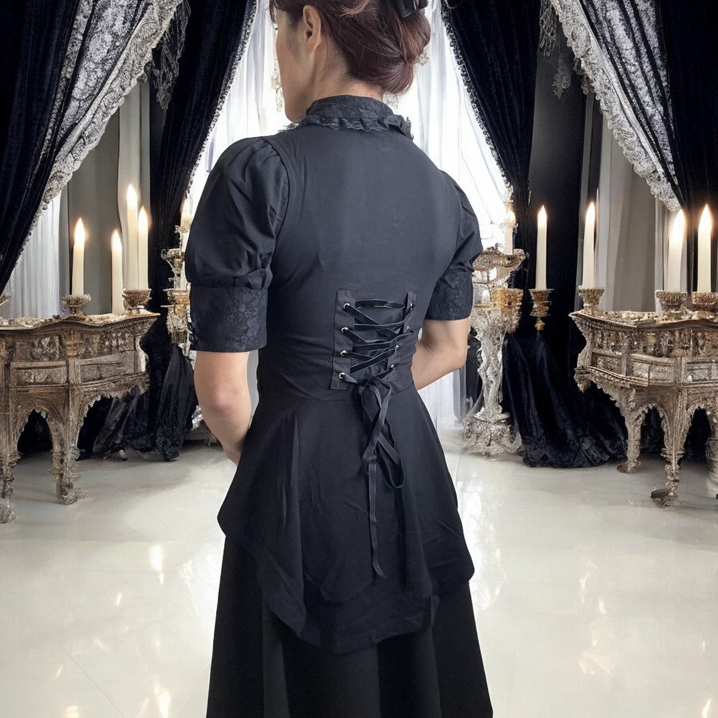 Gothic Victorian Steampunk Black Lace Insert Top with Cameo Brooch