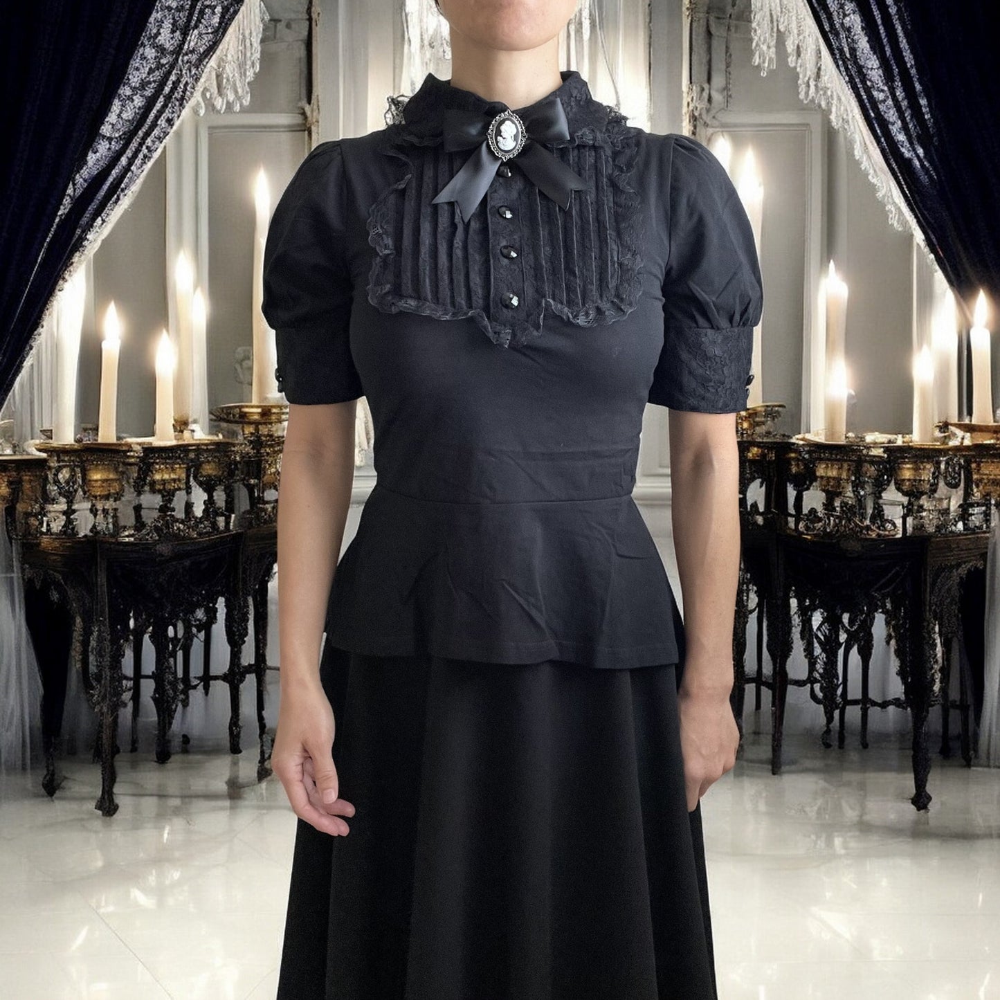 Gothic Victorian Steampunk Black Lace Insert Top with Cameo Brooch