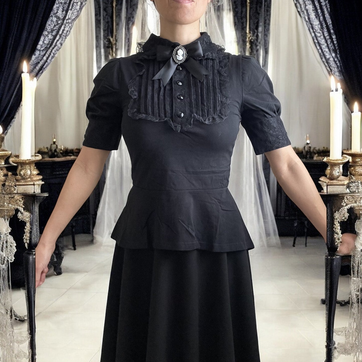 Gothic Victorian Steampunk Black Lace Insert Top with Cameo Brooch