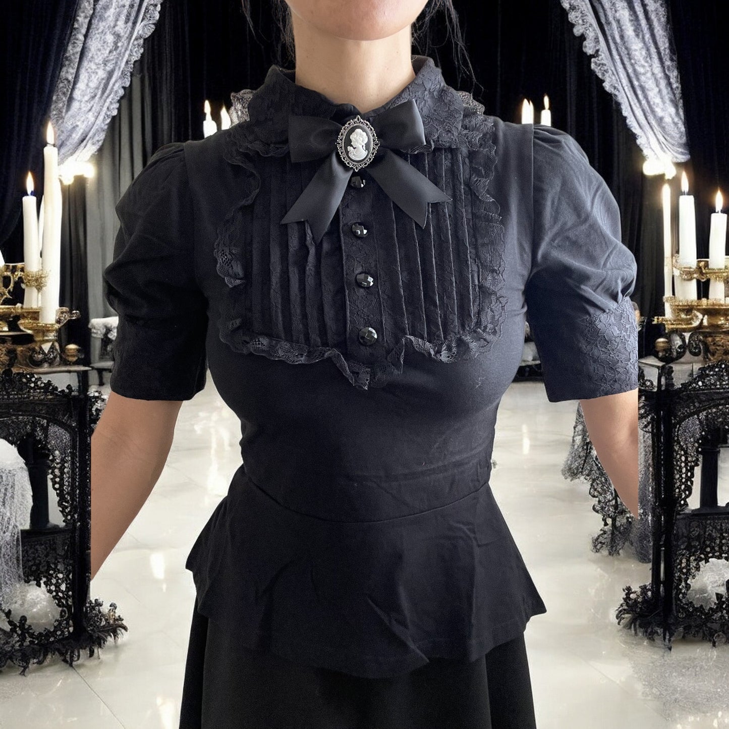 Gothic Victorian Steampunk Black Lace Insert Top with Cameo Brooch