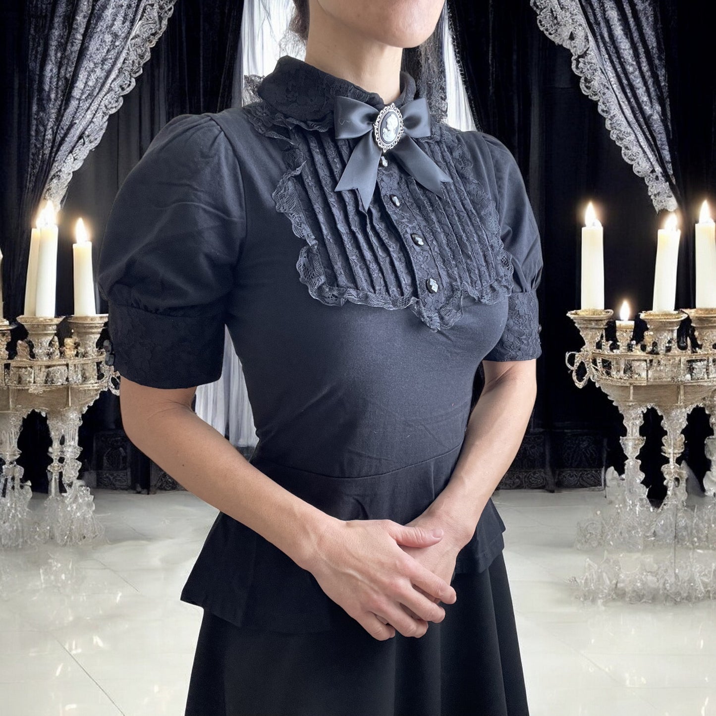 Gothic Victorian Steampunk Black Lace Insert Top with Cameo Brooch