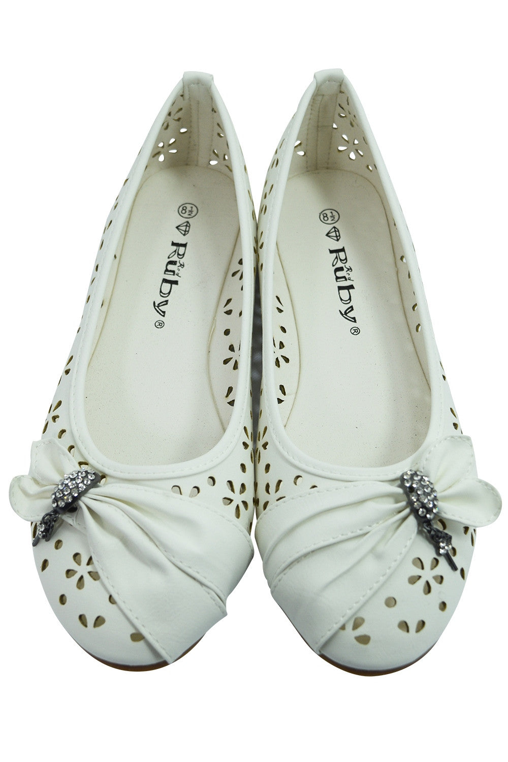 Accessories Women's Dress White Faux Leather Floral Cutout Round Toe Ballet Flats Shoes with bow