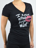 Tops Naughty Girl Tee - I know what boys want Red Lips V Neck Black Tee