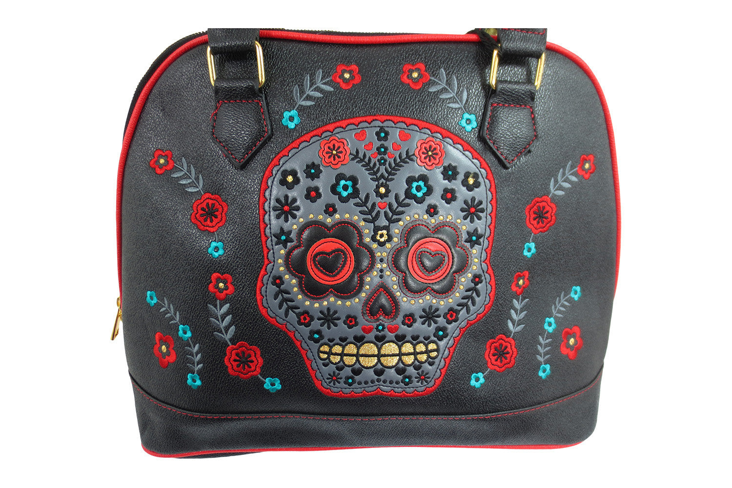 Accessories Black Flower Sugar Skull Bowling Shoulder Bag Black Faux Leather Tattoo Rockabilly