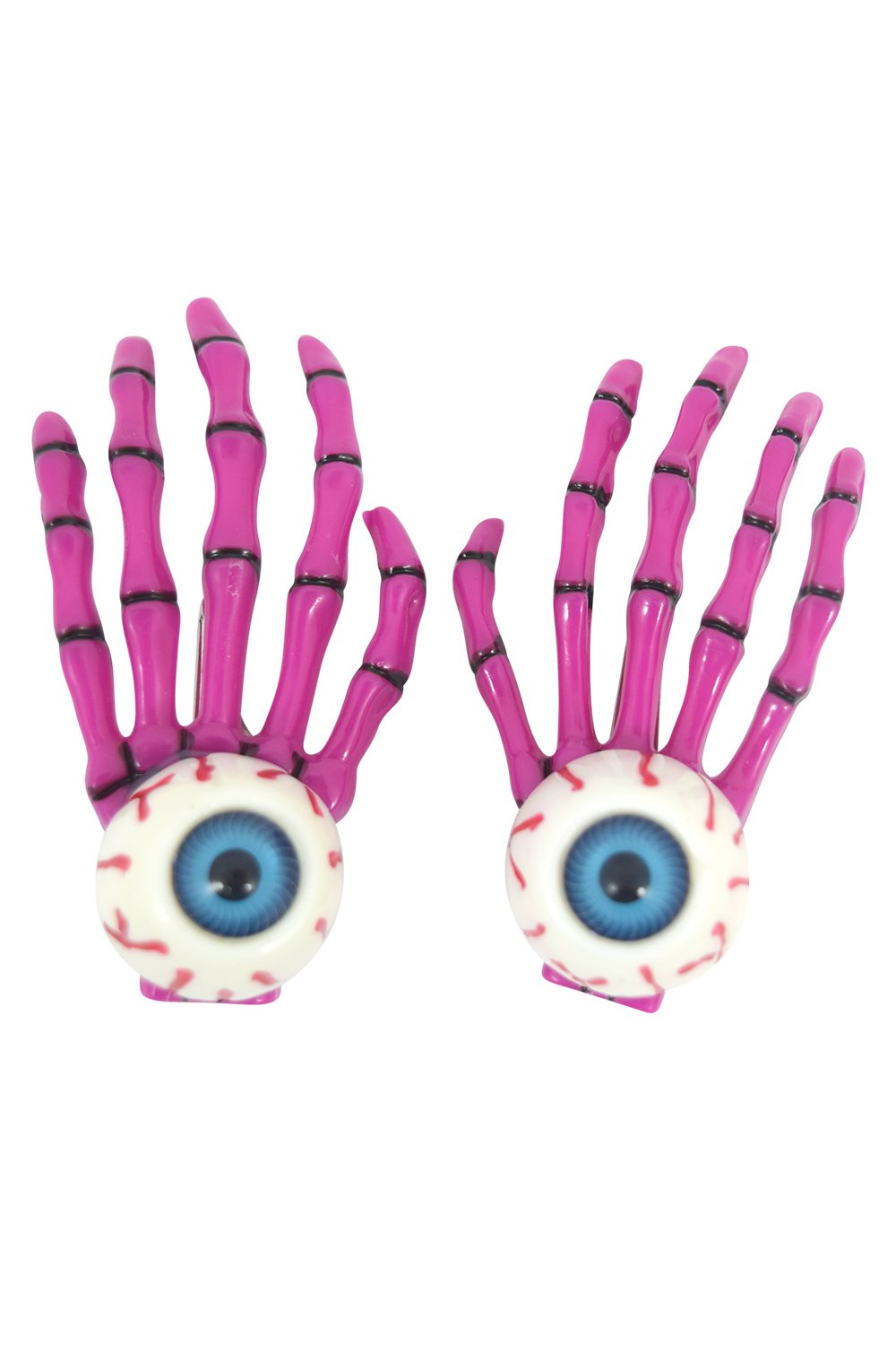 Accessories Fuchsia pink Goth Loli Spooky Cute Skeleton Hands with Zombie Horror eyes Hair Clip - set of 2