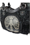Accessories Black Goth Steampunk Black Flocked Ribcage Skeleton Cameo Handbag Shoulder Bag