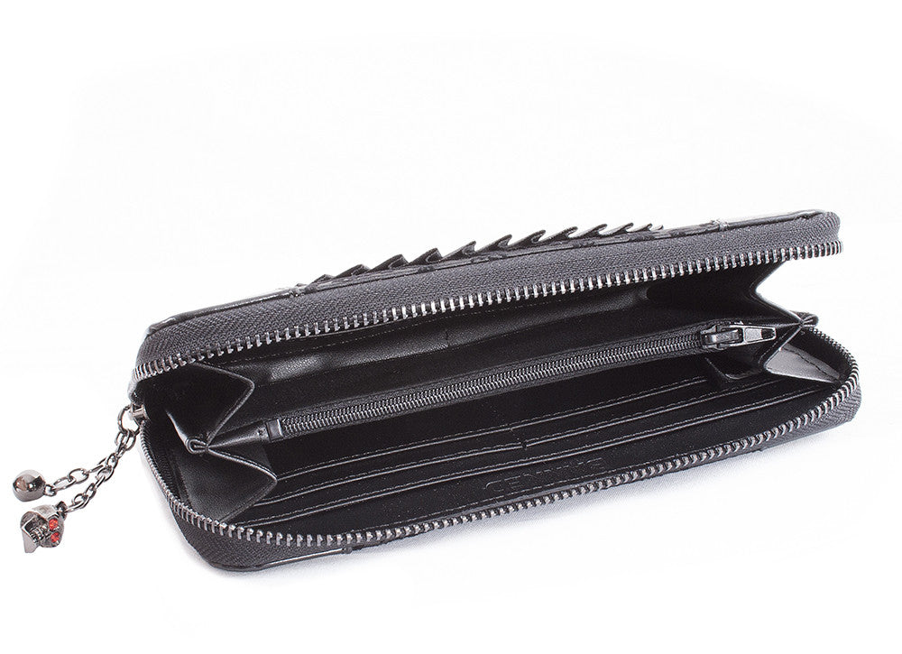 Accessories Black Goth Steampunk Flocked Ribcage Skeleton Cameo Zip Around Wallet