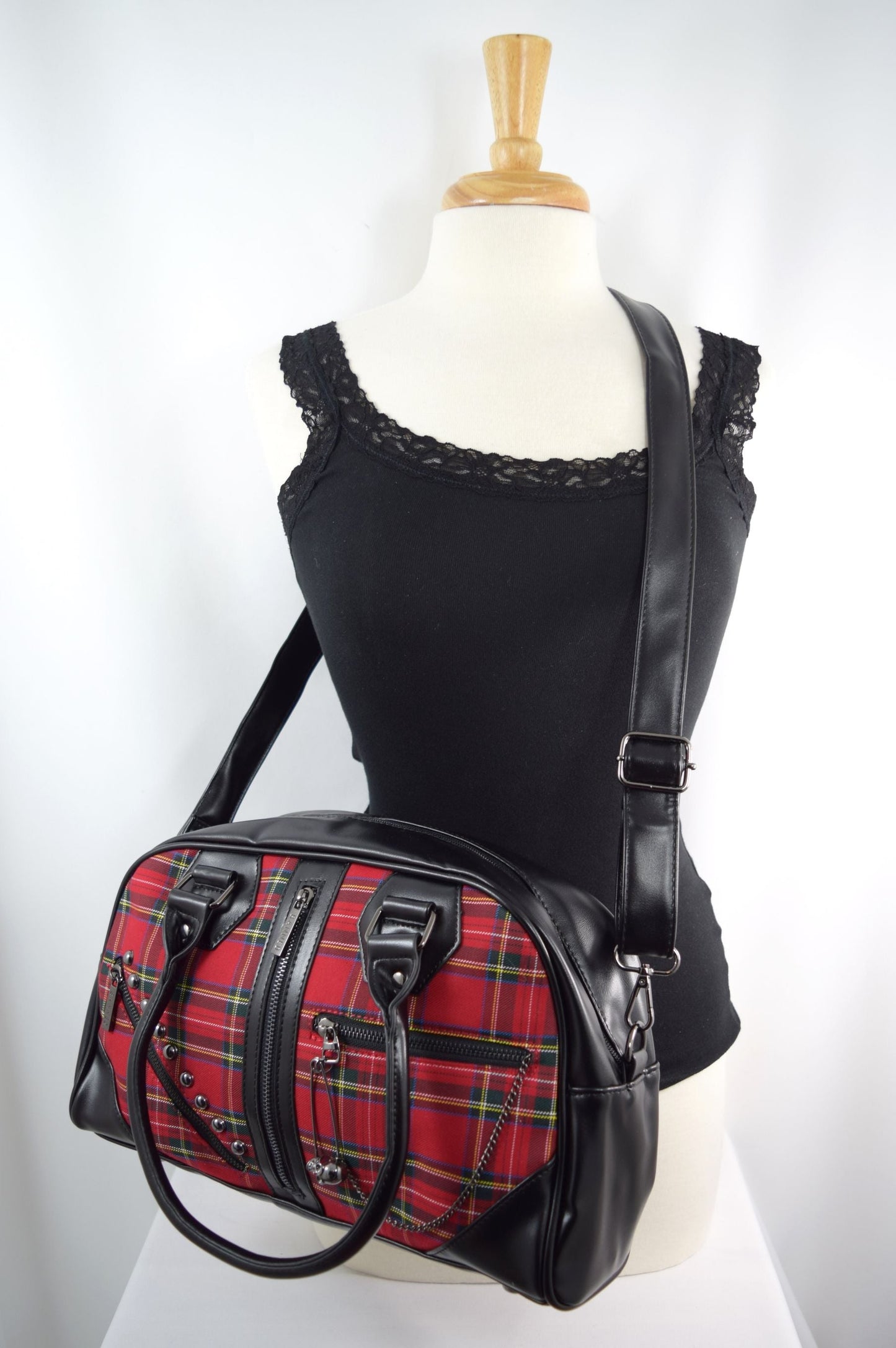 Accessories Lost Queen Punk Rock Red Tartan Plaid Bowler Bag