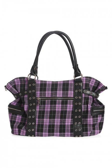 Accessories Lost Queen Purple Tartan Plaid Rockabilly Purse with Handcuff Skull Charm
