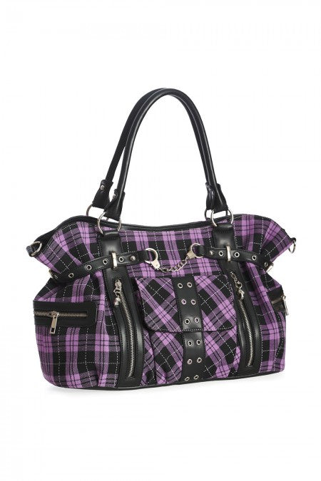 Accessories Lost Queen Purple Tartan Plaid Rockabilly Purse with Handcuff Skull Charm